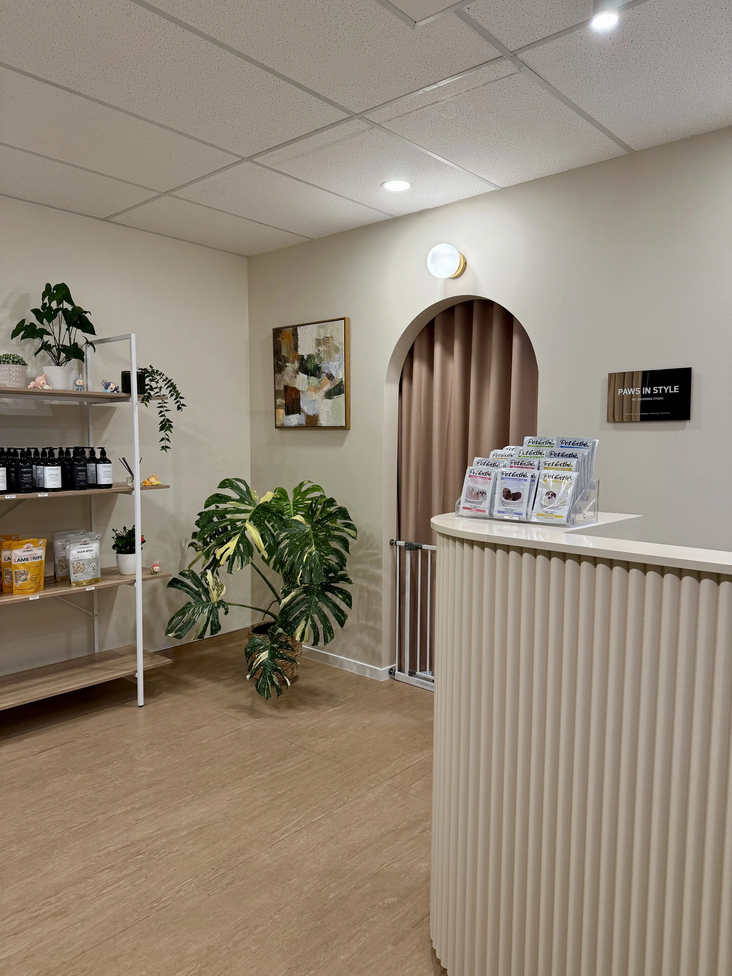 Interior of a pet grooming salon with a reception desk, brochure rack, potted plants, an art piece on the wall, and ceiling lights.