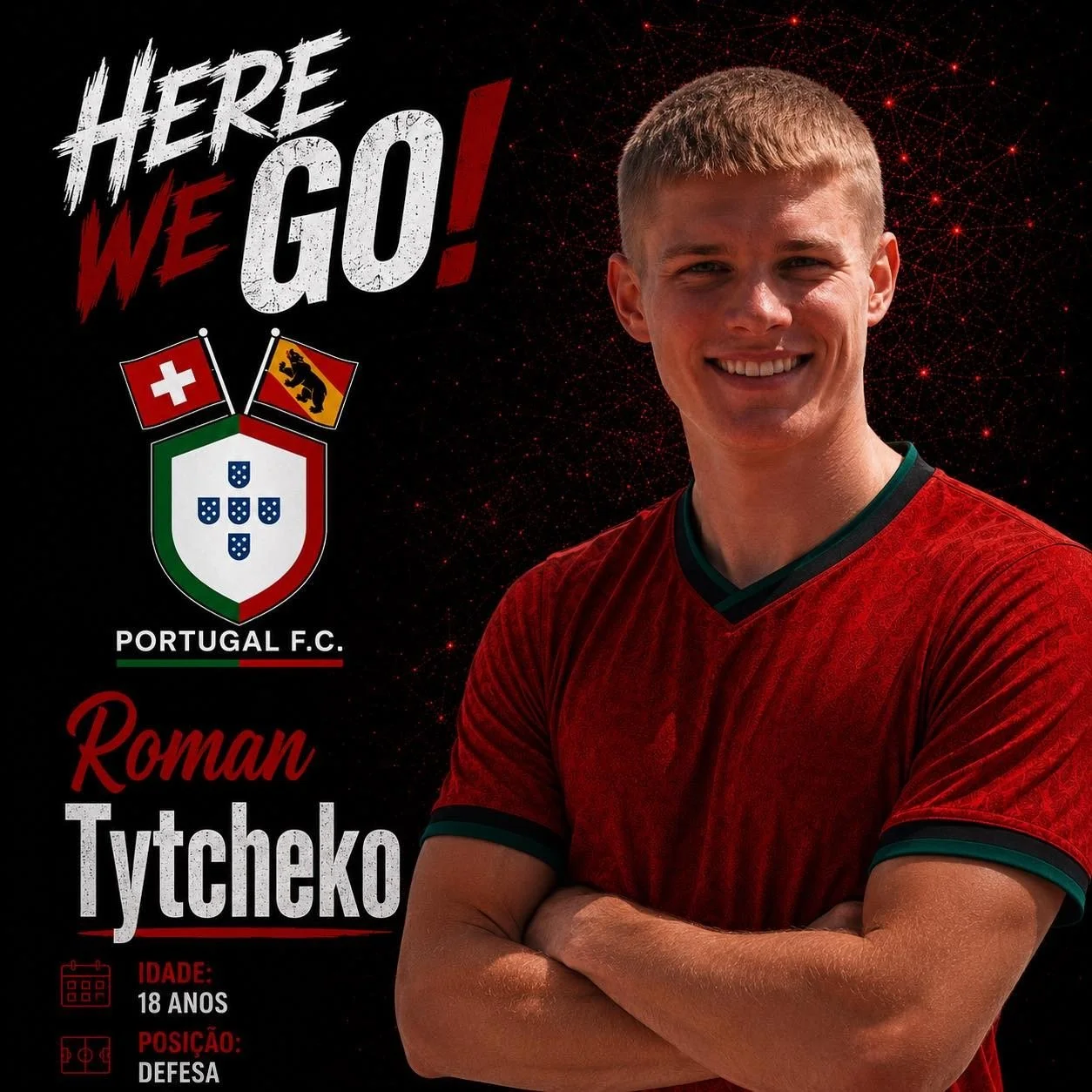 🇵🇹❤️💚 𝗕𝗘𝗠-𝗩𝗜𝗡𝗗𝗢, 𝗥𝗢𝗠𝗔𝗡! 💚❤️🇵🇹

&Eacute; com enorme orgulho que damos as boas-vindas a Roman Tytcheko ao Portugal FC! ⚽🔥

Aos 18 anos, Roman junta-se ao nosso clube para abra&ccedil;ar um novo desafio, trazendo juventude, ambi&cced