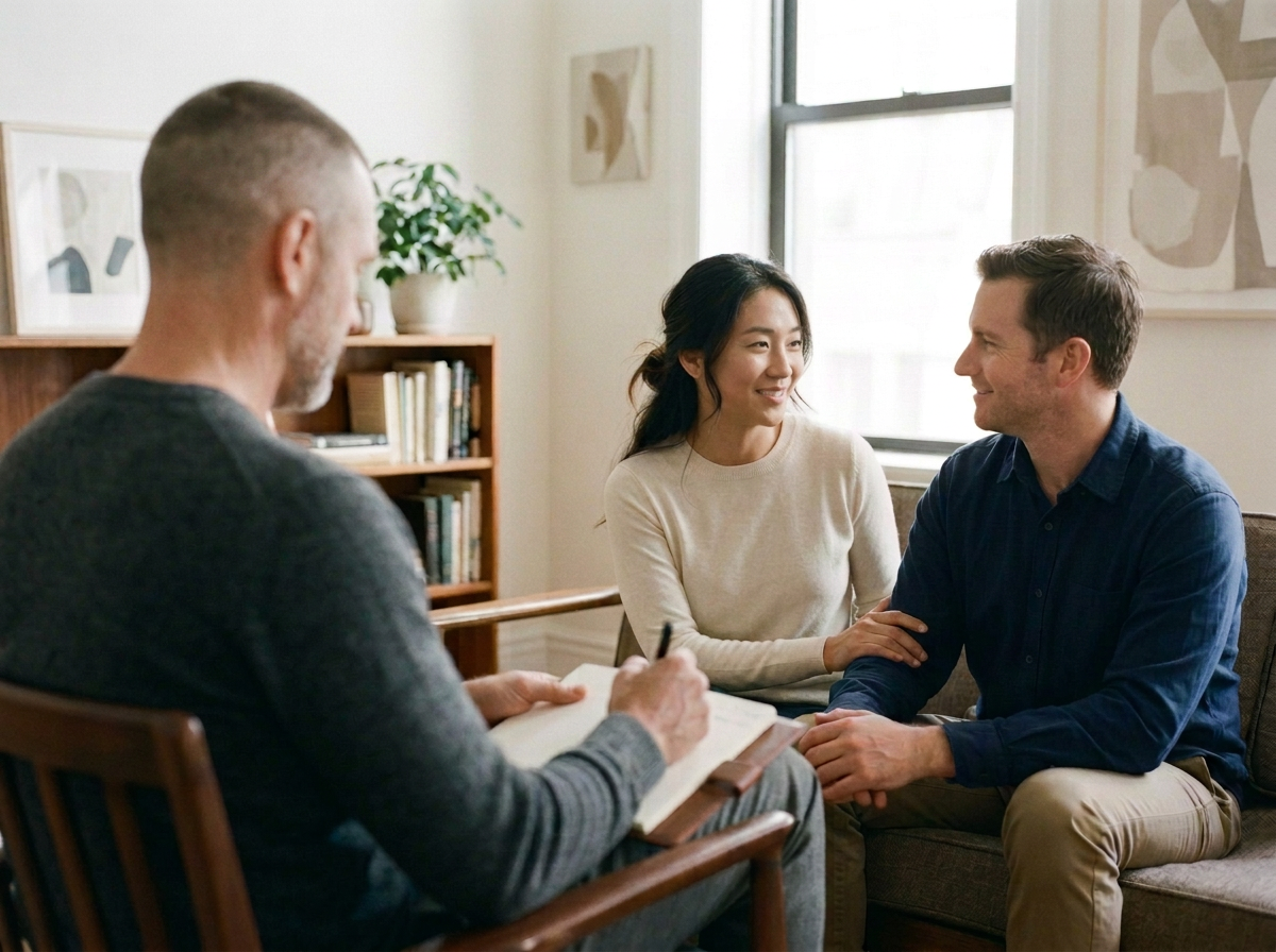 A couple sits closely together on a couch, holding hands, during a counseling session with a therapist in a cozy, well-lit room with books and artwork on the walls.