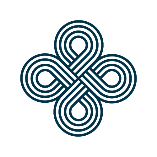 A geometric knot-like symbol with interconnected loops on a black background.