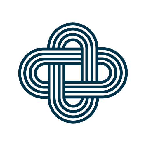 A navy blue abstract geometric knot-like design on a black background.