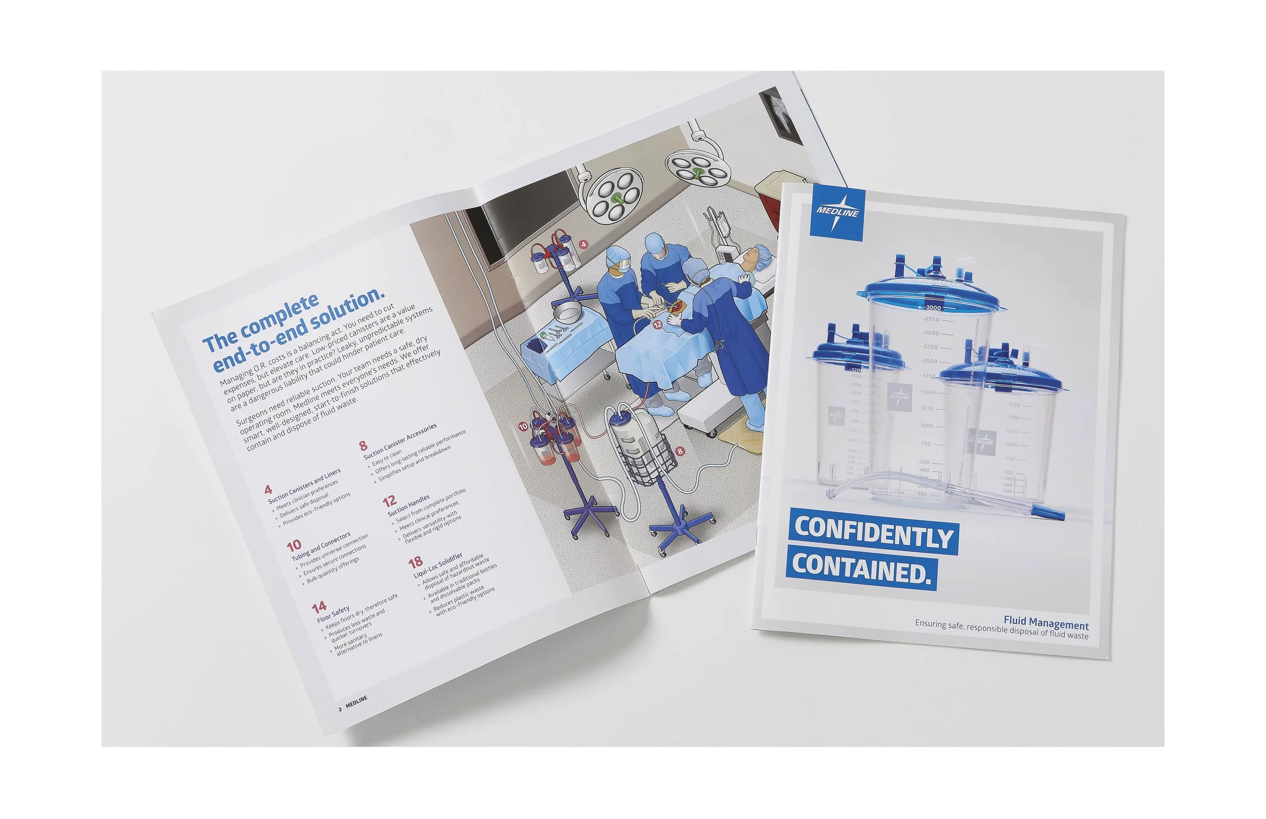 Open brochure and leaflet about medical solution with illustrations of surgical team, medical equipment, and containers.