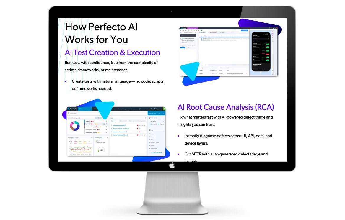 Computer monitor displaying a presentation on AI testing and root cause analysis, with text and screenshots of AI tools and dashboards.