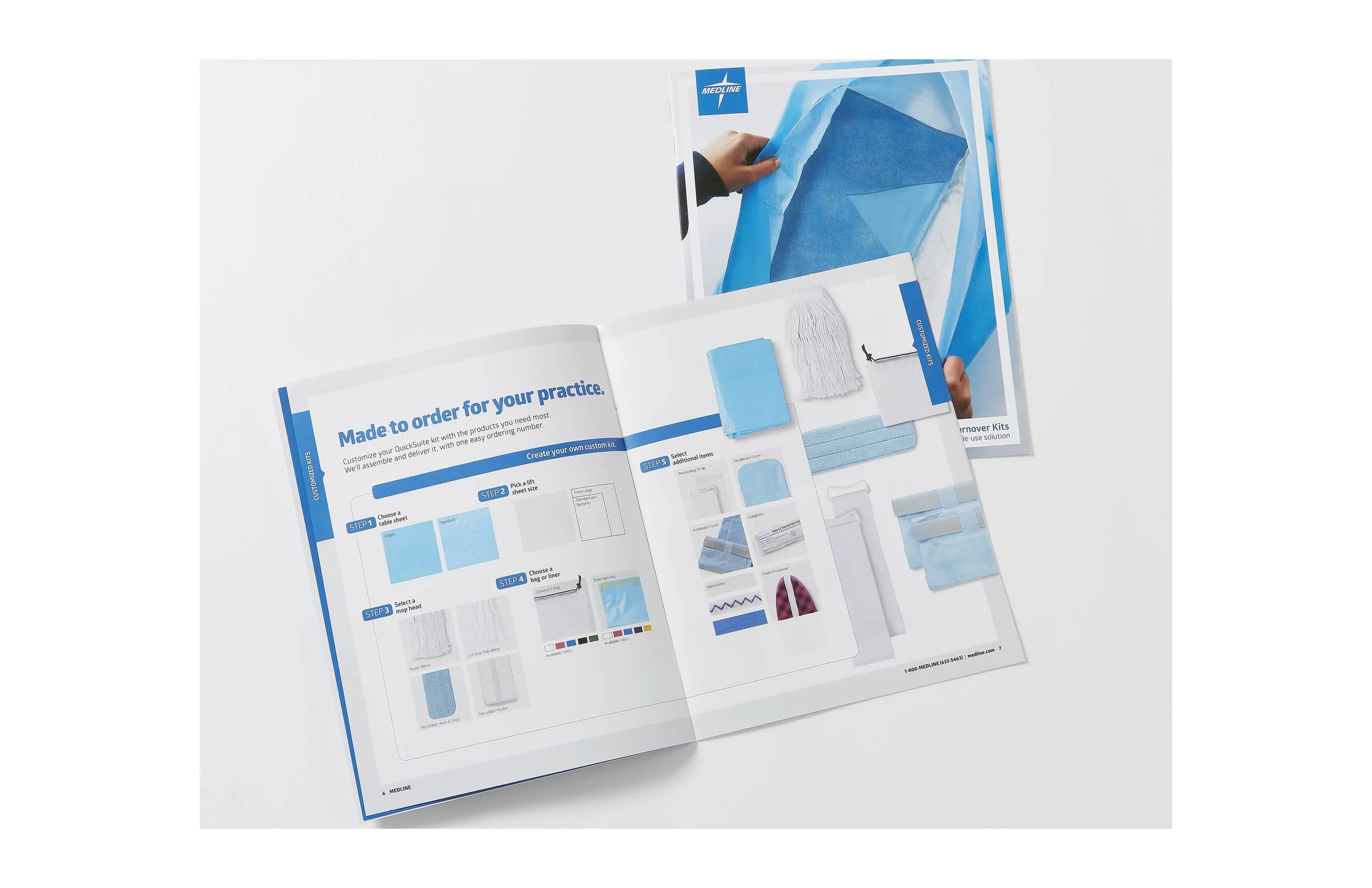 Open booklet with instructions and fabric swatches for a medical practice or cleaning kit, with blue and white color theme.