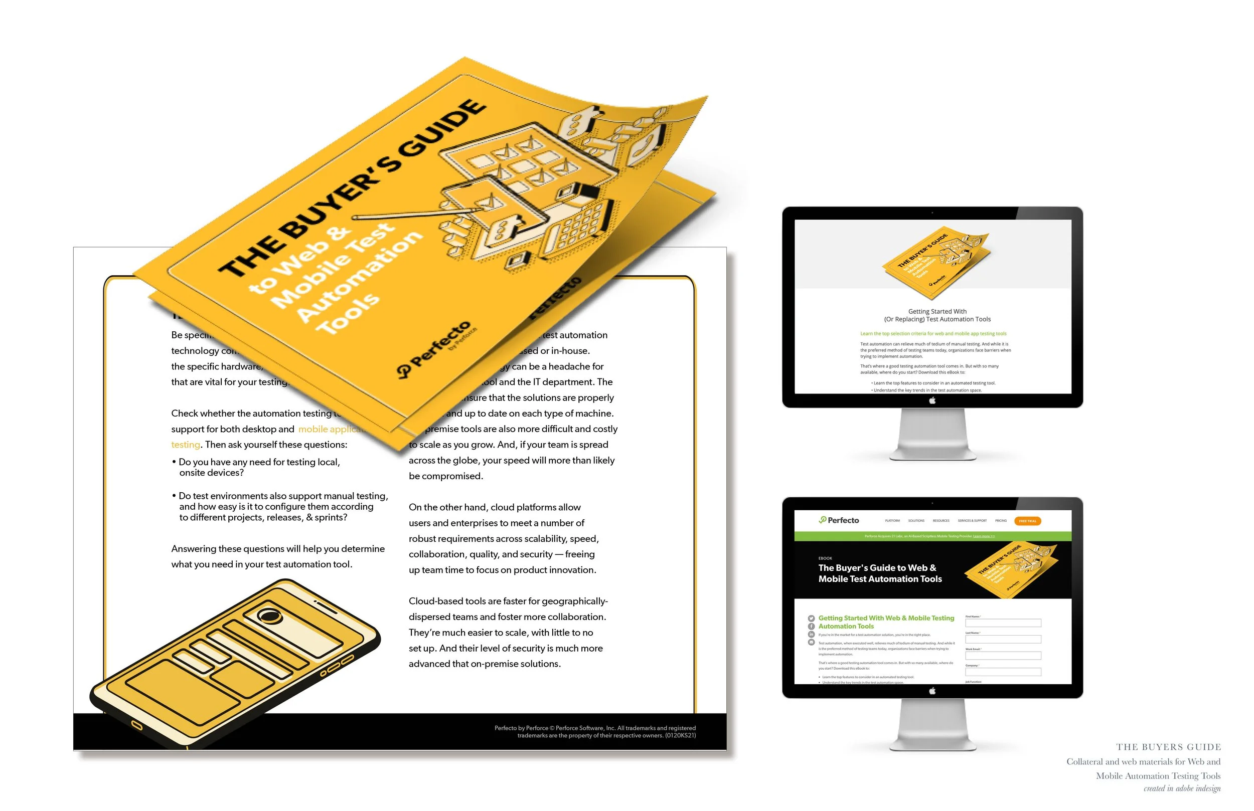 Image of a yellow brochure titled "The Buyer's Guide to Web & Mobile Test Automation Tools" with illustrations of electronic devices, and computer screens on various digital devices including a desktop computer, tablet, and smartphone.