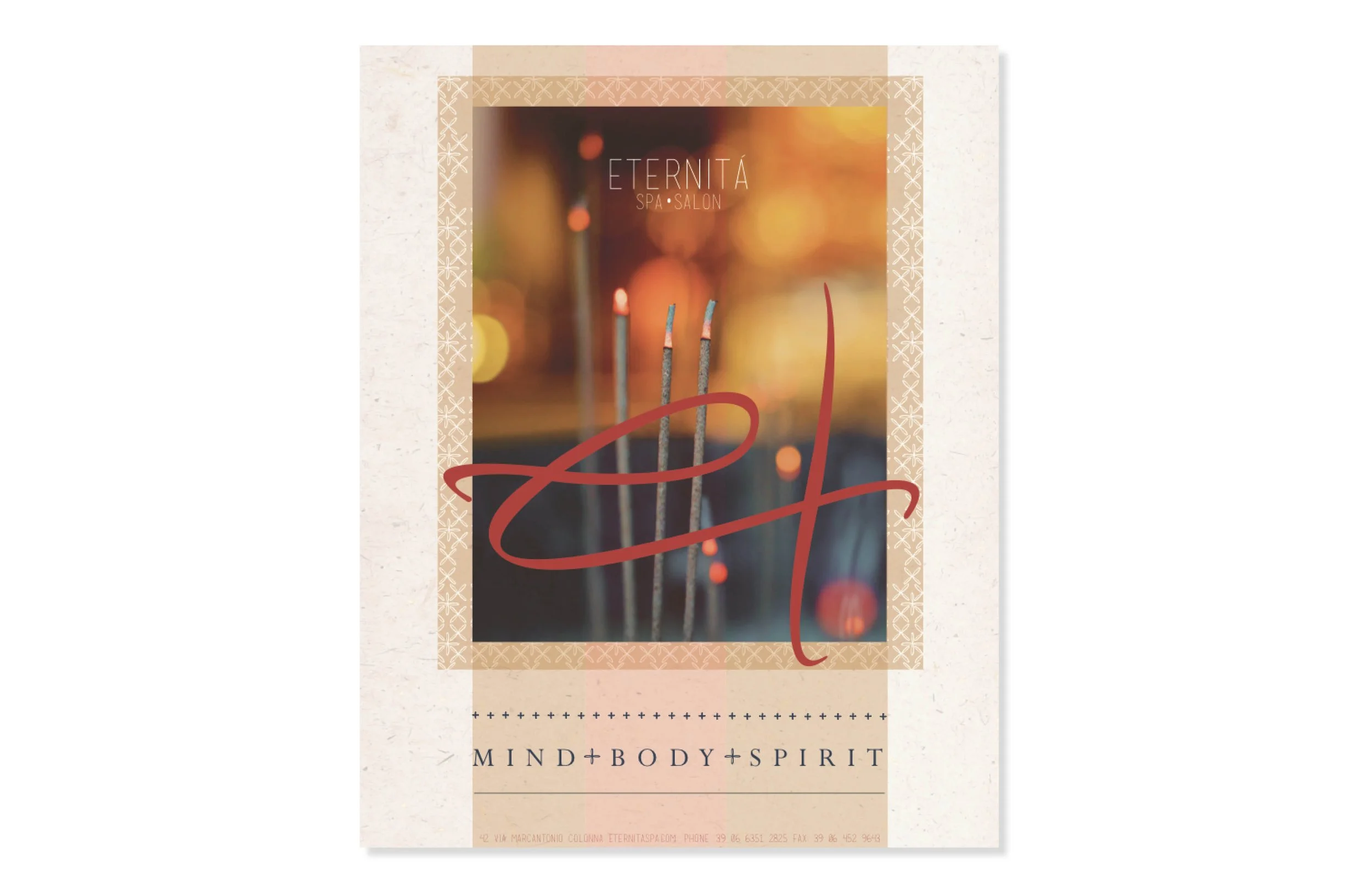 A spa brochure with a blurred background of orange and yellow lights, featuring four lit candles in the foreground. The brochure has decorative borders and contains text that reads 'ETERNITÁ SPA SALON' and 'MIND+BODY+SPIRIT' at the bottom.