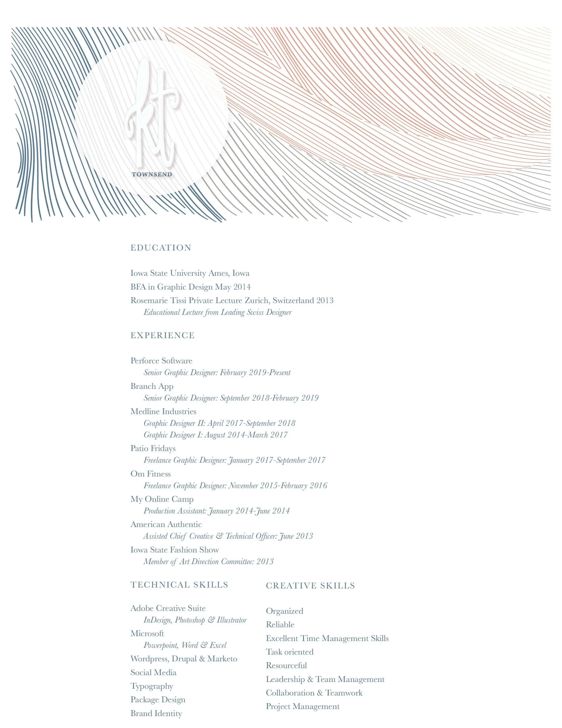 Image of a resume or CV document with graphic design elements. The document includes sections titled 'Education,' 'Experience,' 'Technical Skills,' and 'Creative Skills,' listing details of an individual's education, work experience, and skills. The background features abstract, curved lines in red, blue, and beige, with a circular logo containing stylized initials and the name 'Townsend' near the top left.