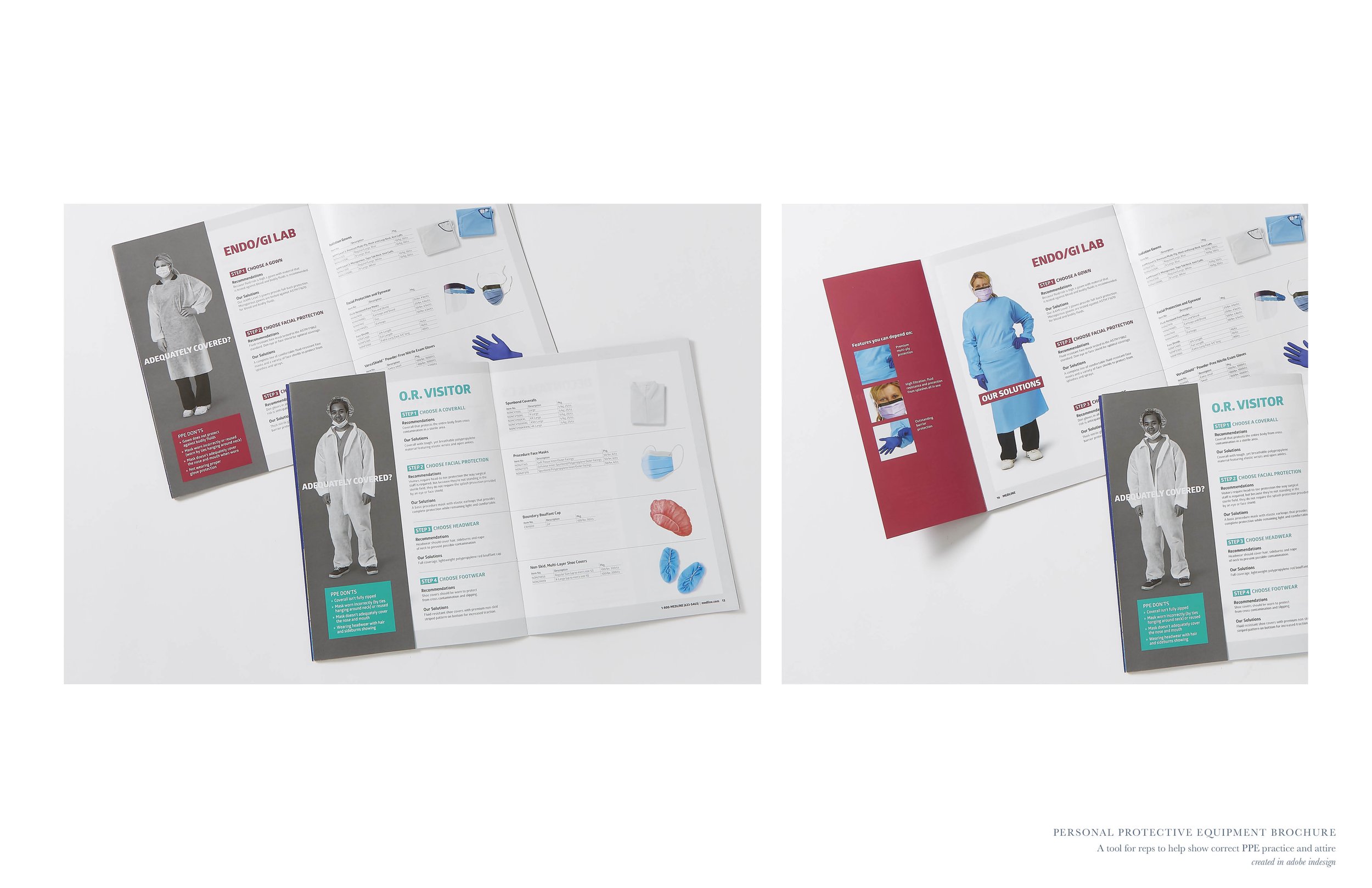 Open brochure showing PPE protection gear on pages, including gowns, masks, gloves, face shields, and foot covers, with images of healthcare workers wearing PPE.