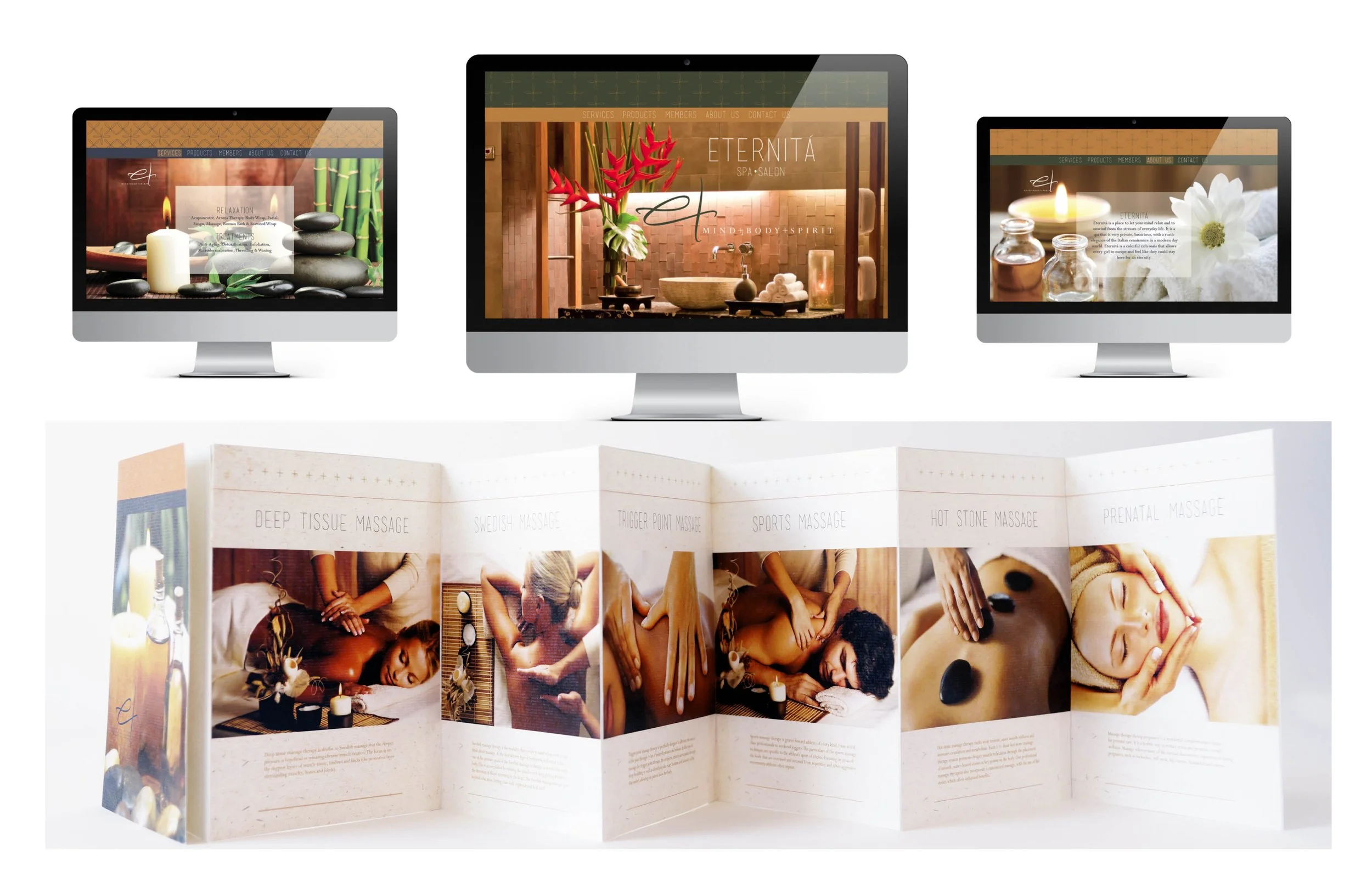 Displays three computer screens with spa and massage-related images and text, including relaxing stones, massage therapy scenes, and spa products.
