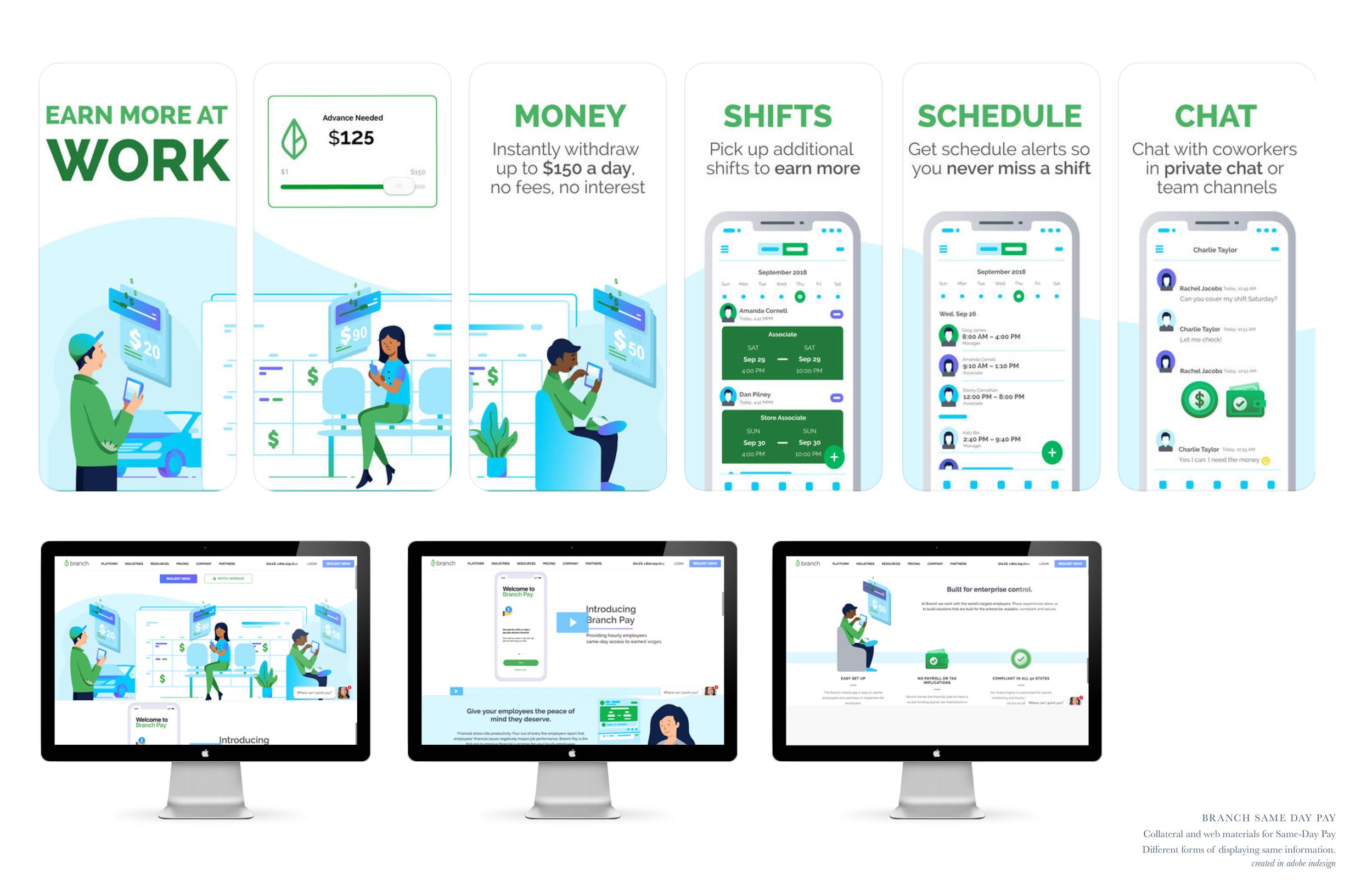 Collage of digital screens and mobile app interfaces demonstrating concepts of work earnings, money transfer, scheduling, chat, and enterprise control for a product called Branch Pay.