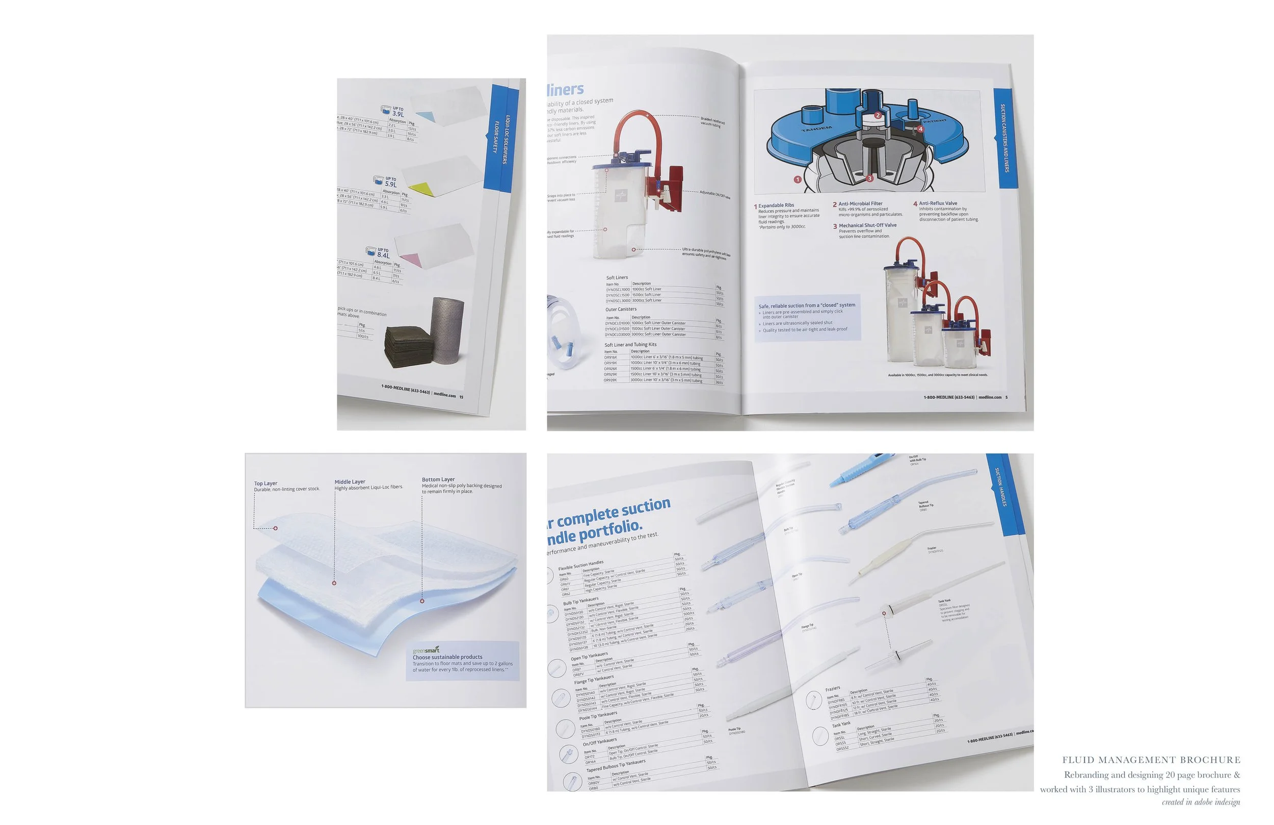 Open brochure showing technical diagrams and descriptions of fluid management equipment, with text highlighting features and specifications.
