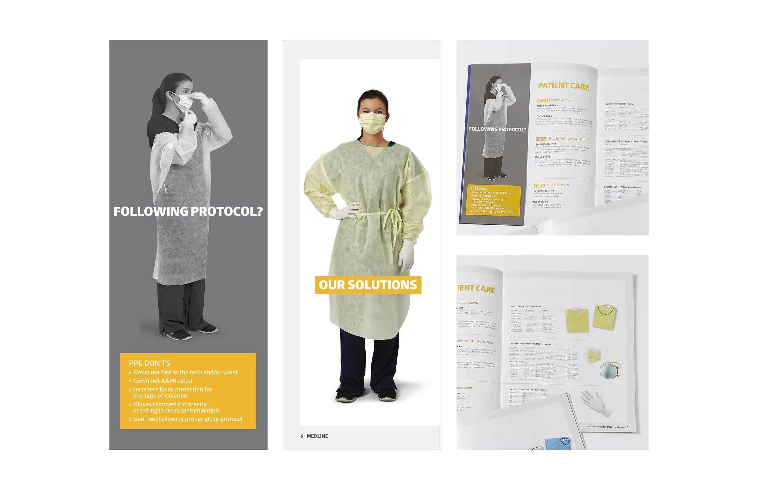 A brochure or poster with health and safety guidelines for wearing protective masks and gowns, featuring images of healthcare workers in protective attire, and instructional text about protocols and PPE don’ts.