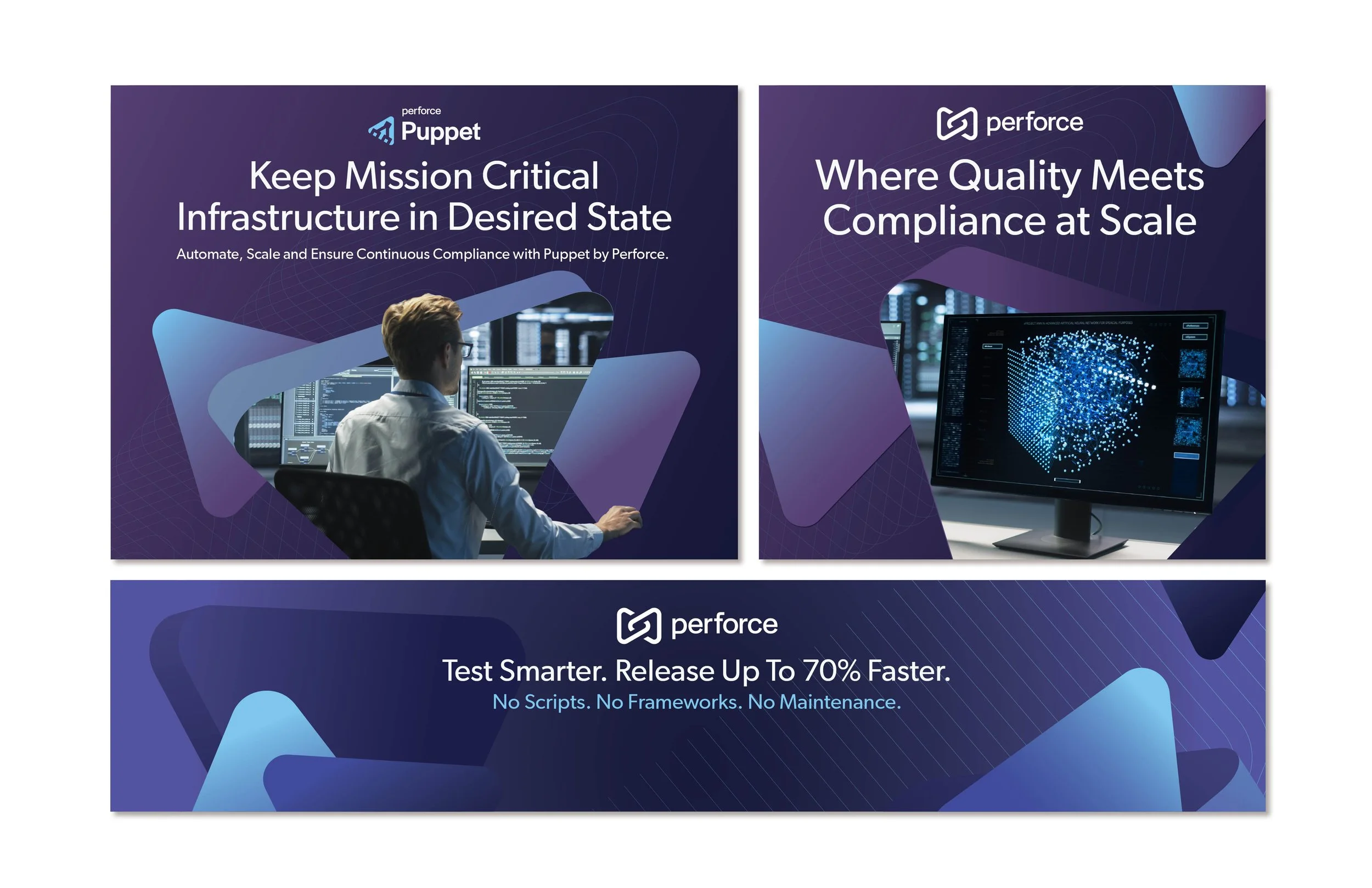 Digital advertisement panels featuring blue and purple abstract backgrounds with text promoting Perforce Puppet and Perforce software solutions.