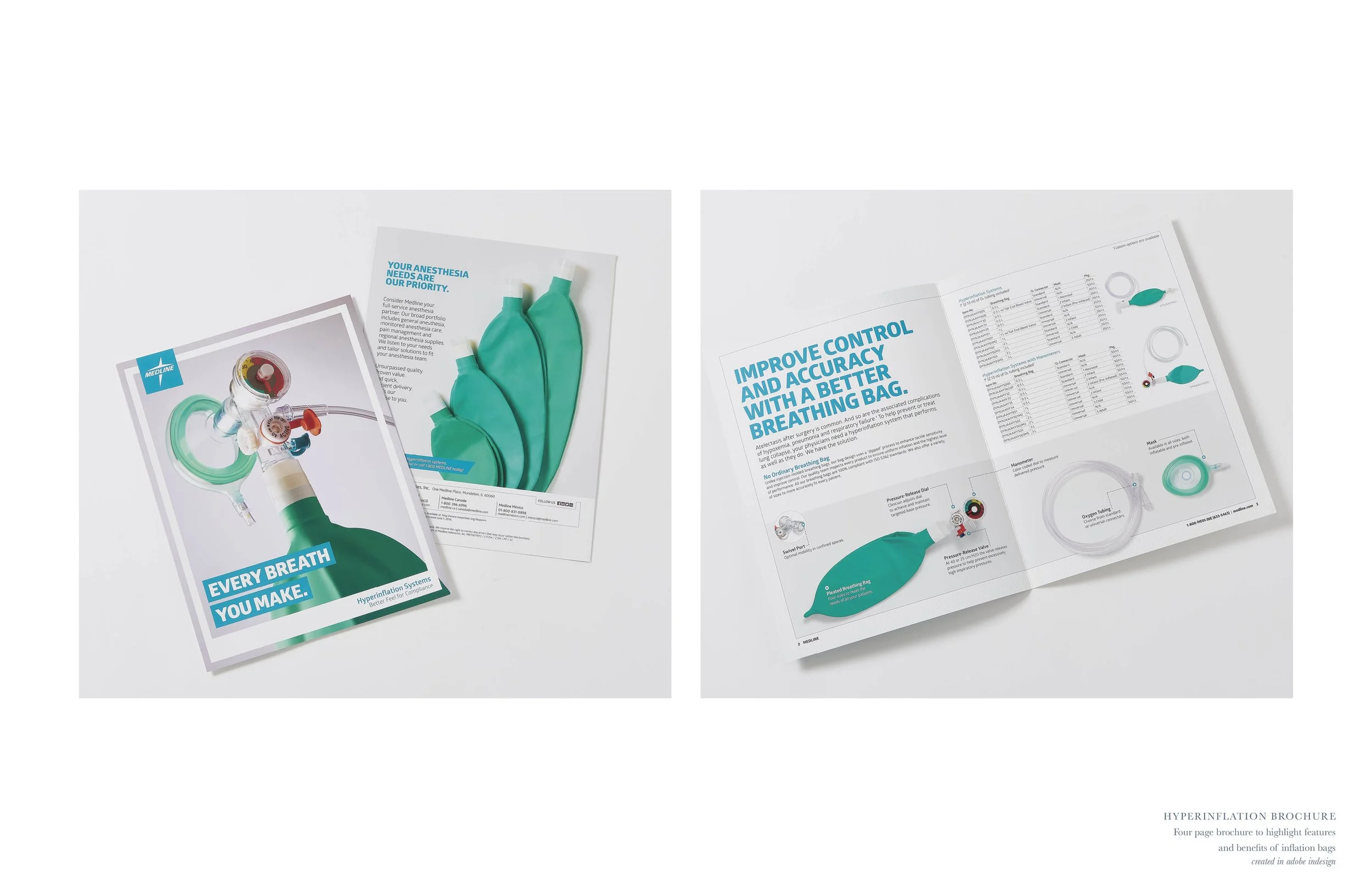 Open brochure and pamphlet about anesthesia with images of breathing bags, tubing, and medical equipment on white background.