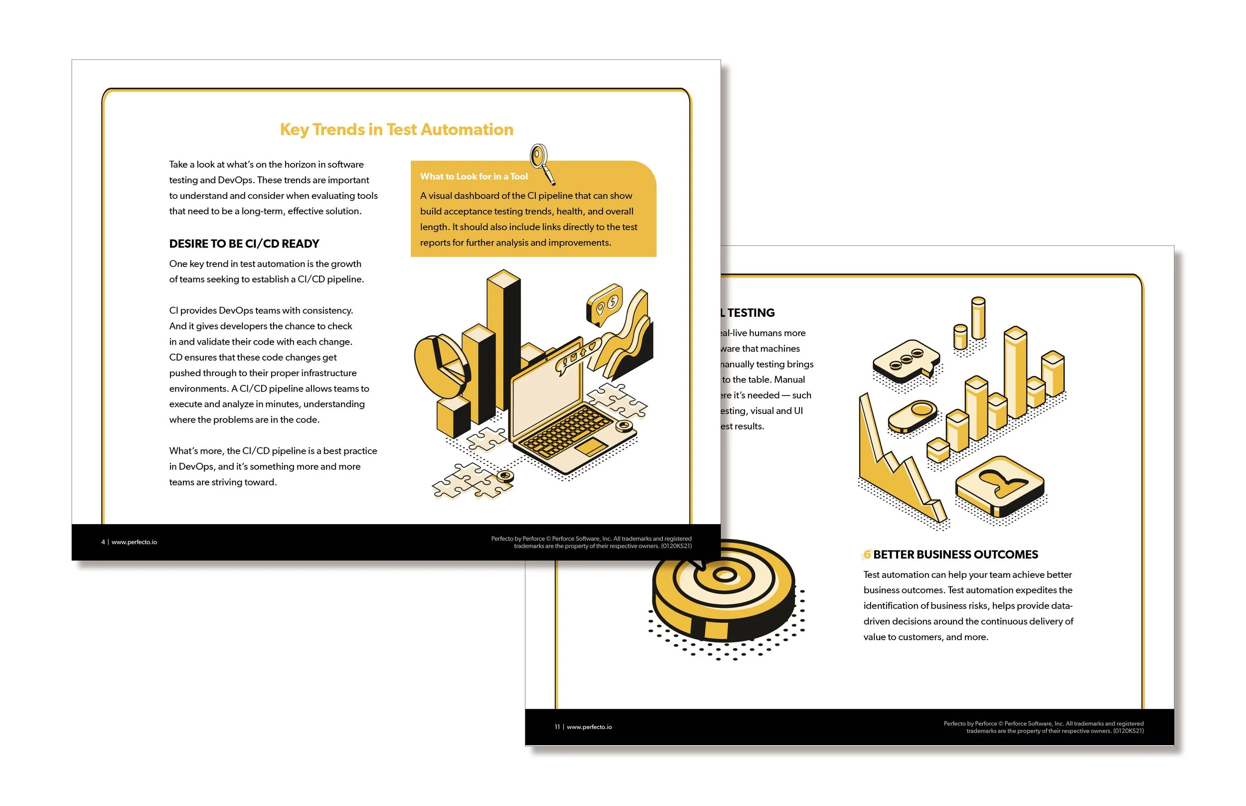 Two overlapping pages of a report or presentation about key trends in test automation, featuring illustrations of a computer, bar charts, and icons related to technology and data analysis.