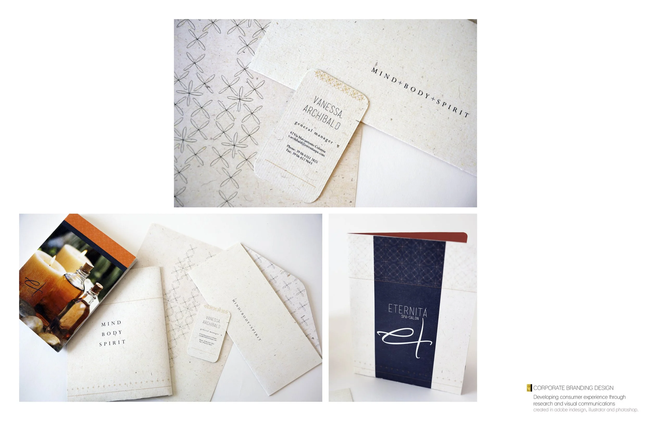 Collection of business cards and branding materials for a spa or wellness center called Eternità, featuring minimalist design with natural and elegant elements, including floral patterns, color swatches, and product images.