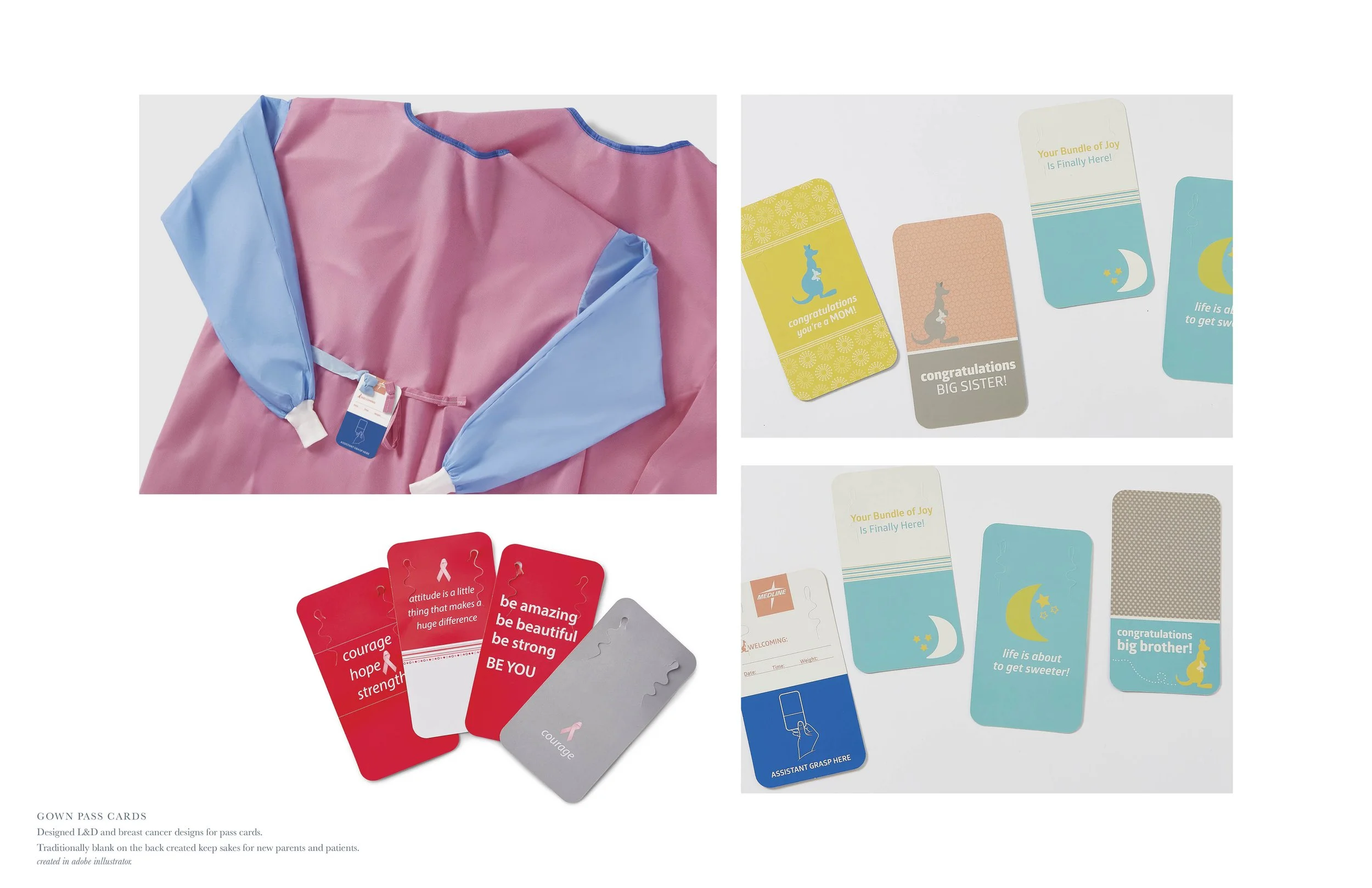 Collection of greeting and pass cards for pregnancy and birth congratulations, including pink and blue gown for childbirth, and cards with messages like "congratulations, you’re a MOM!" and "your bundle of joy is finally here."