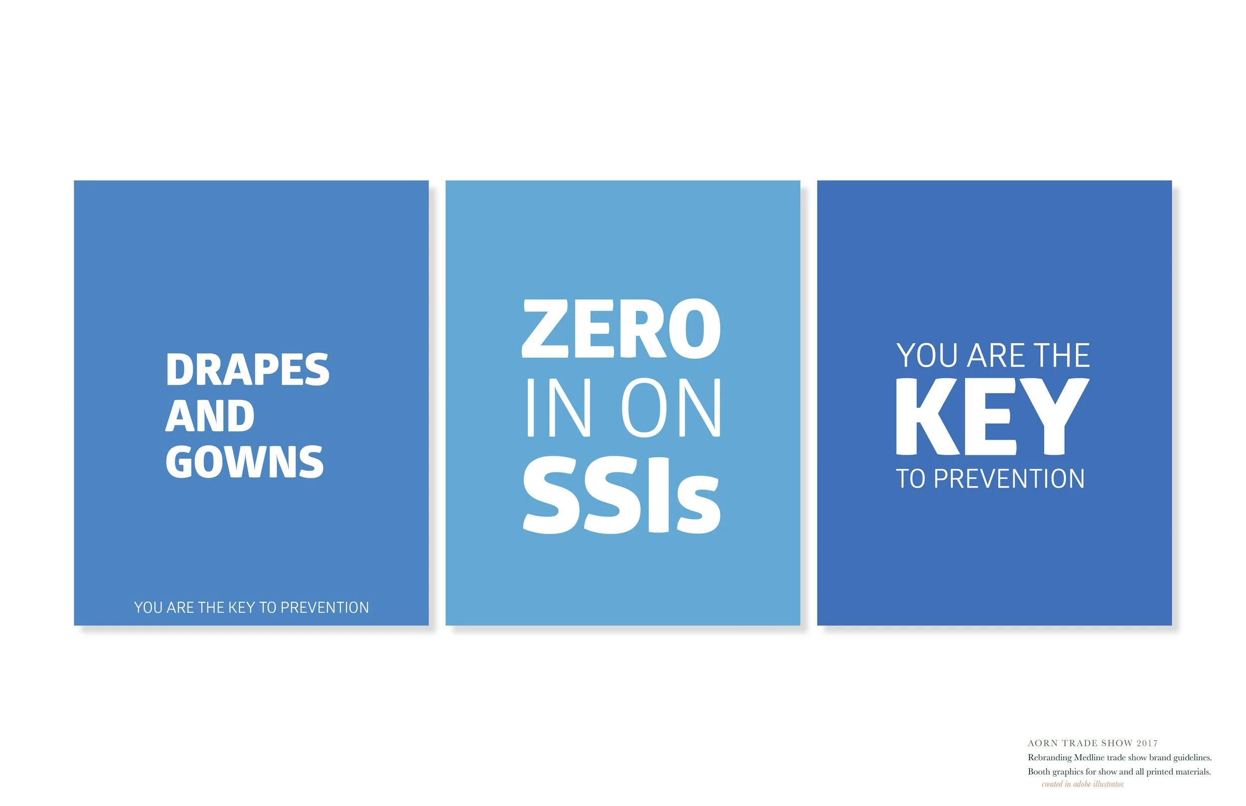 Three blue infographic posters with white text about preventing SSIs, stating 'Drapes and Gowns', 'Zero in on SSIs', and 'You are the key to prevention'.