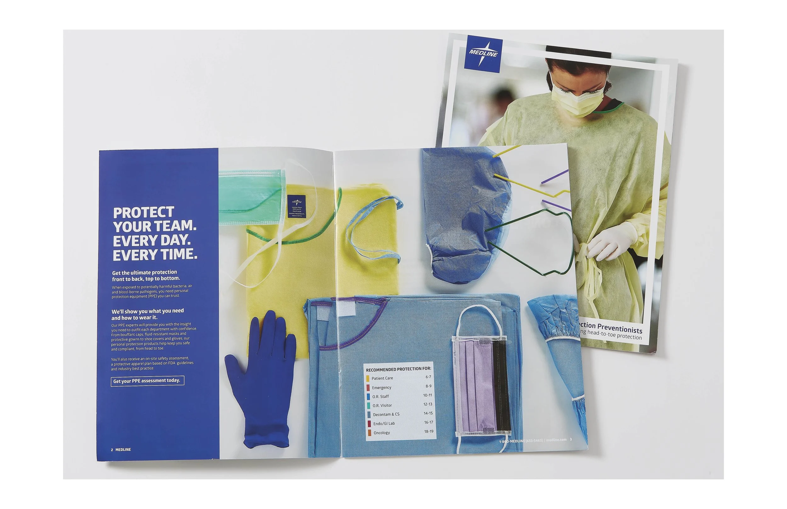 Brochure displaying personal protective equipment (PPE) items such as gloves, masks, goggles, gowns, and face shields, with a healthcare professional wearing a mask and gown in the background.