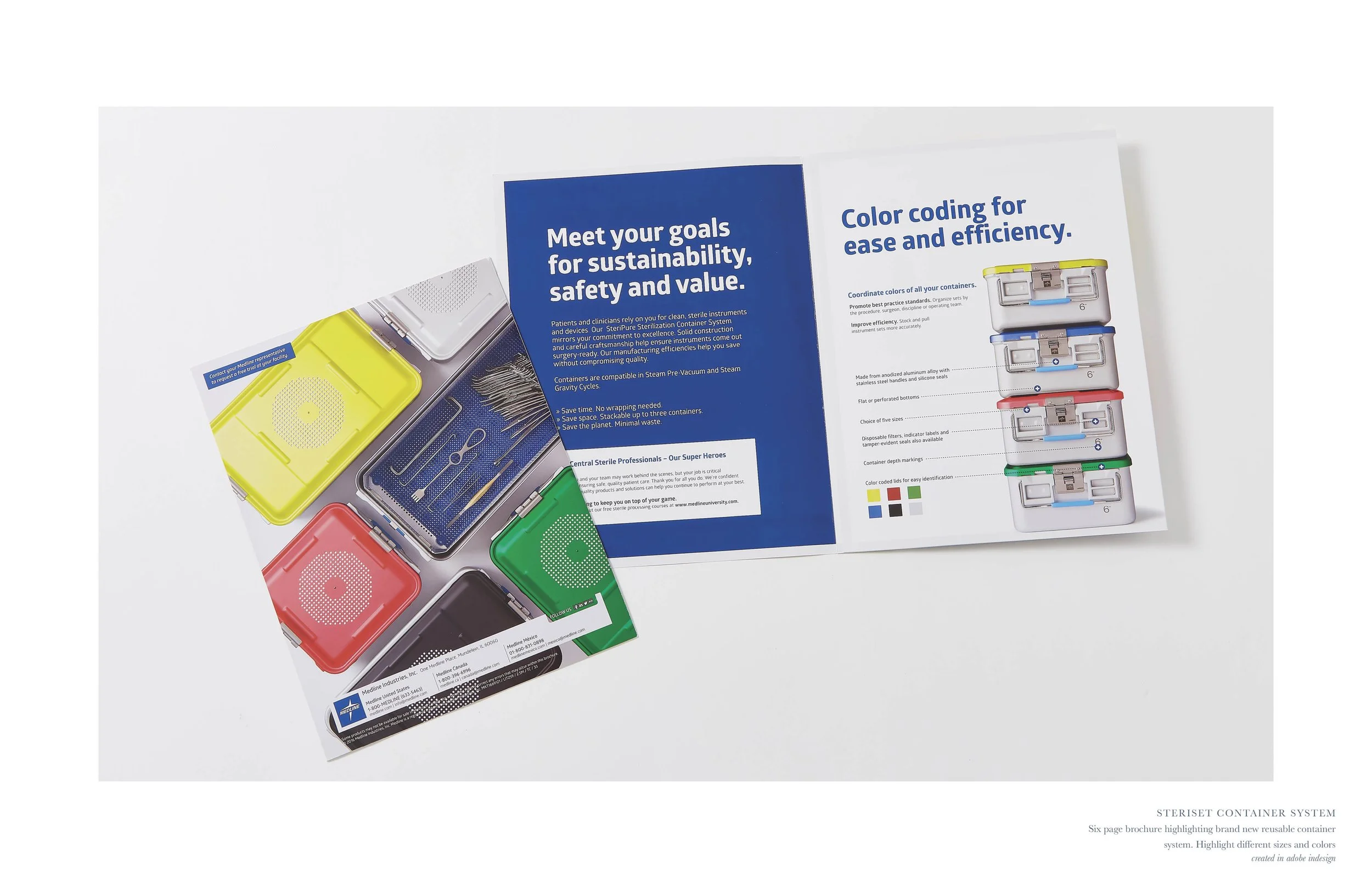 An open brochure displays color-coded containers for medical sterilization, with color samples, and a page highlighting features of a sterilizer container system.