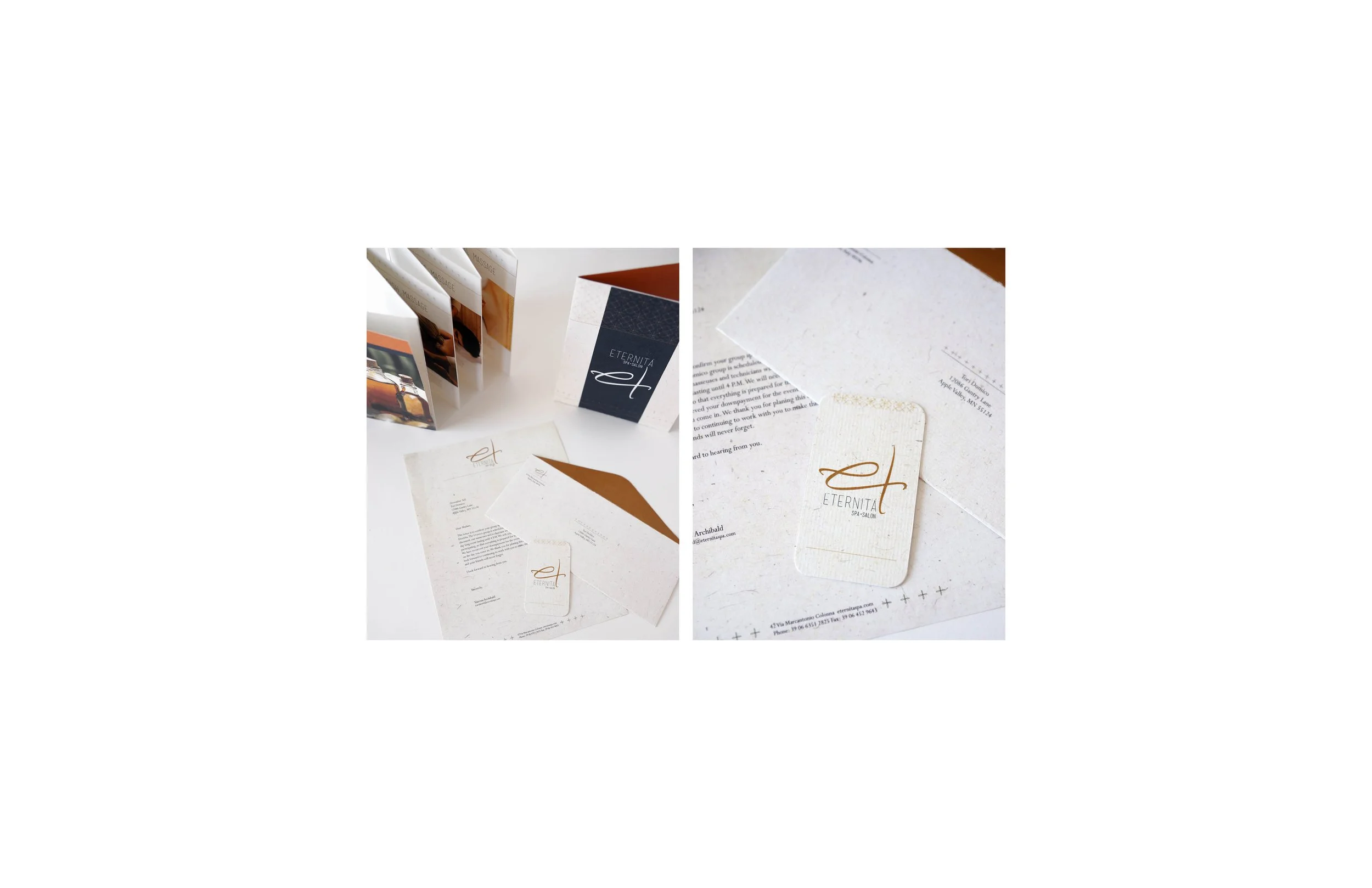 A collection of printed marketing materials and documents for Eternita Spa and Salon, including a folded brochure, business card, and letterhead.