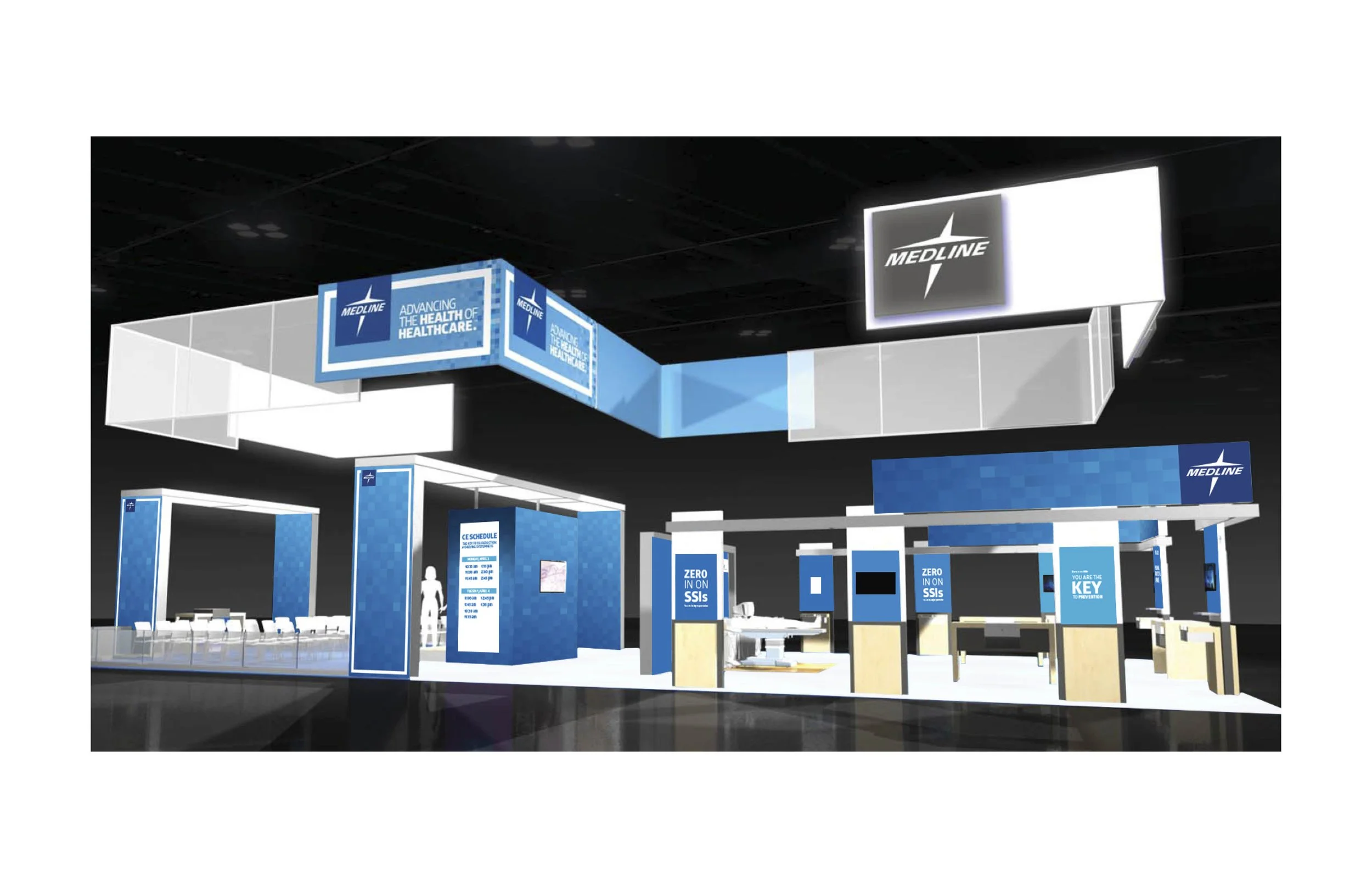 Exhibition booth for Medline with blue and white branding, featuring digital screens, signage, and seating areas.
