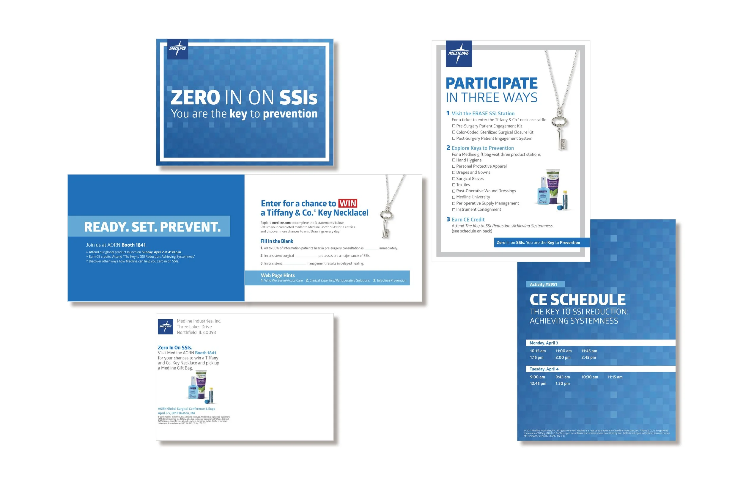 Collection of Medline promotional materials, including brochures about SSI prevention, activity schedule for CE credits, and contest entry details, all featuring blue and white design elements.
