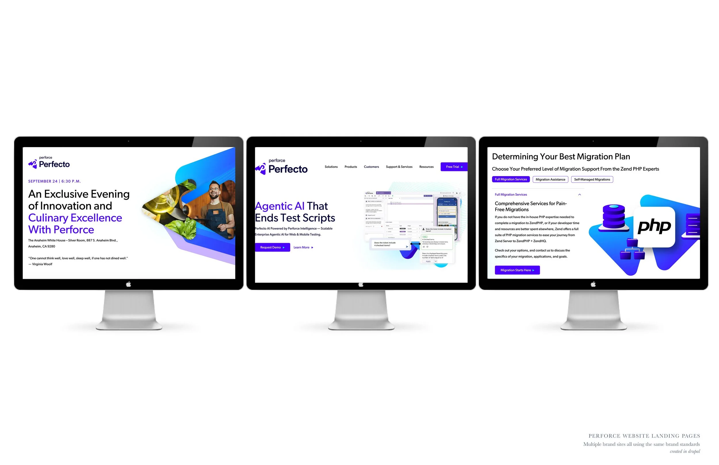 Three iMac displays showing different website landing pages for a brand called Perfeco, focusing on innovation, AI testing scripts, and migration plans.