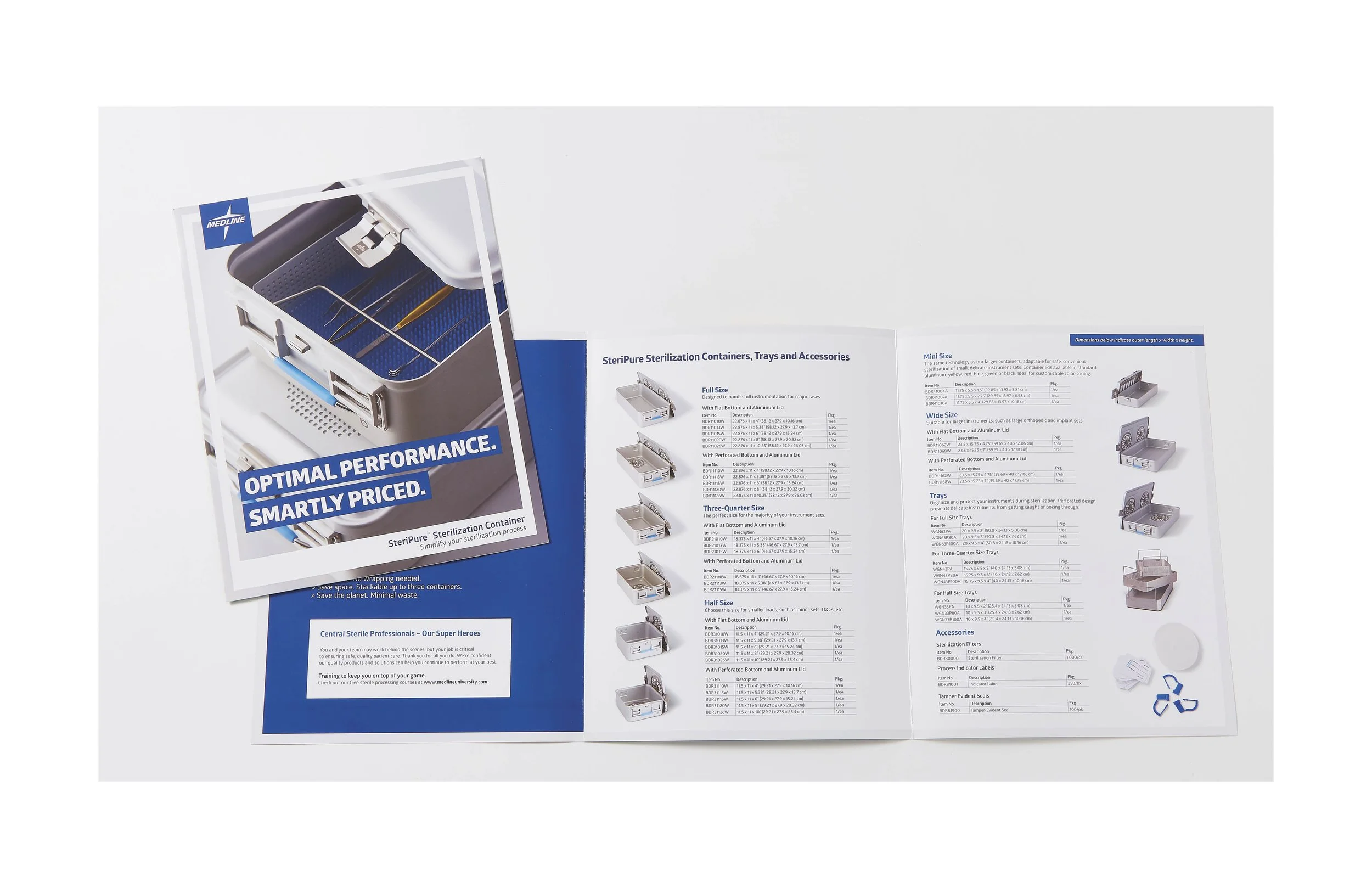 A brochure for sterilization containers and accessories, showing various sizes and features, with technical specifications and product images.