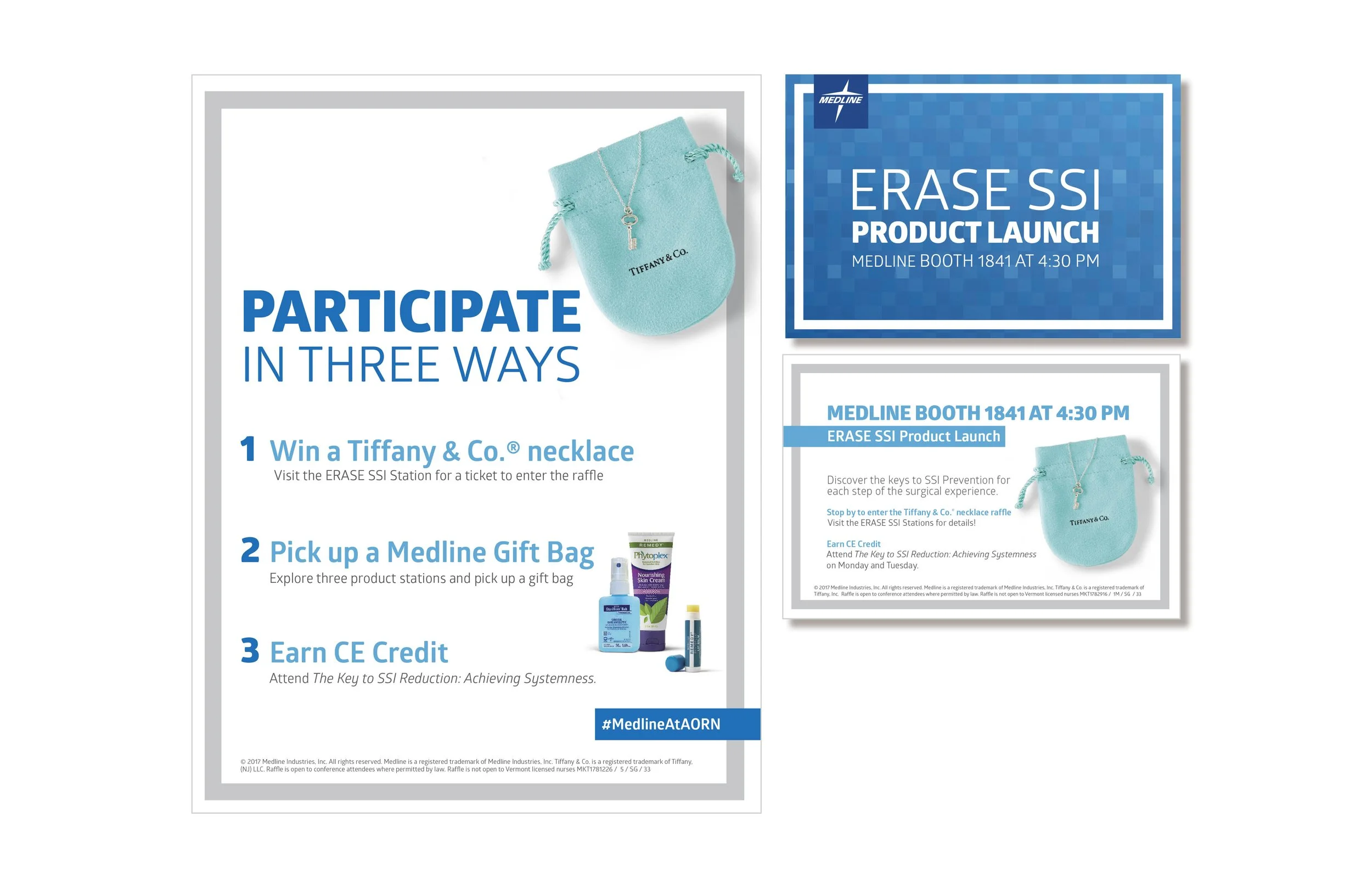 Flyers and signs promoting an event for ERASE SSI product launch at Medline booth 1841 at 4:30 PM, featuring a Tiffany & Co. necklace in a blue pouch.