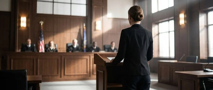 A woman in a black suit standing at a podium in a courtroom, facing a panel of five judges seated behind a long wooden bench.