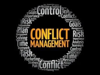 'CONFLICT MANAGEMENT' word cloud in orange, surrounded by related terms like control, risk, communication, plan, strategy, teamwork, and goals.