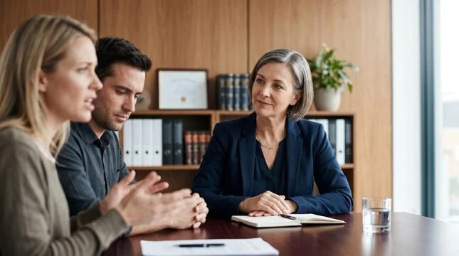 Three people sitting at a table in a meeting room, engaged in a discussion. A woman with blonde hair is talking, a man with dark hair is listening with folded hands, and an older woman with gray hair is listening attentively with a notepad and glass of water in front of her.