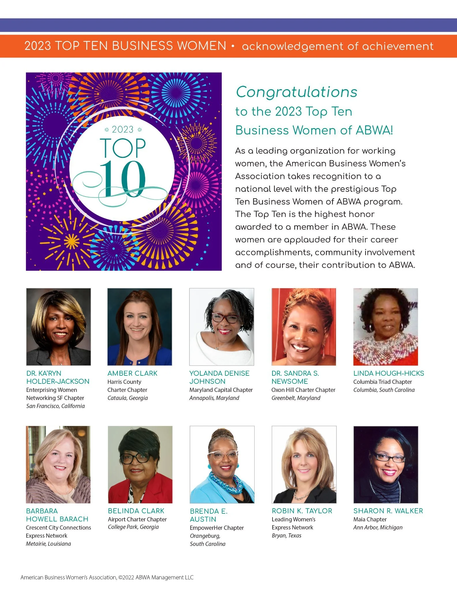 Recognition of the top ten women business leaders of 2023 by the American Business Women’s Association, featuring headshots and names of women from various states and chapters.