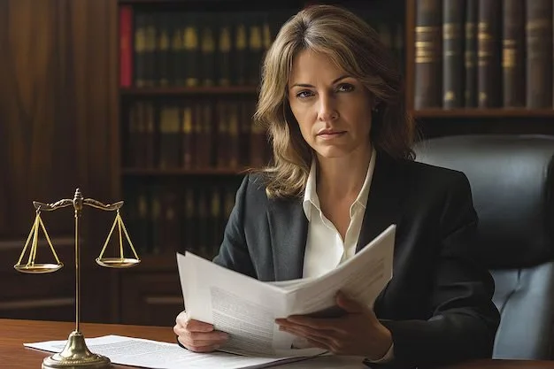 A professional woman with shoulder-length hair sitting at a desk in a law office, holding an open document with a serious expression, with legal books and a balance scale on the desk.