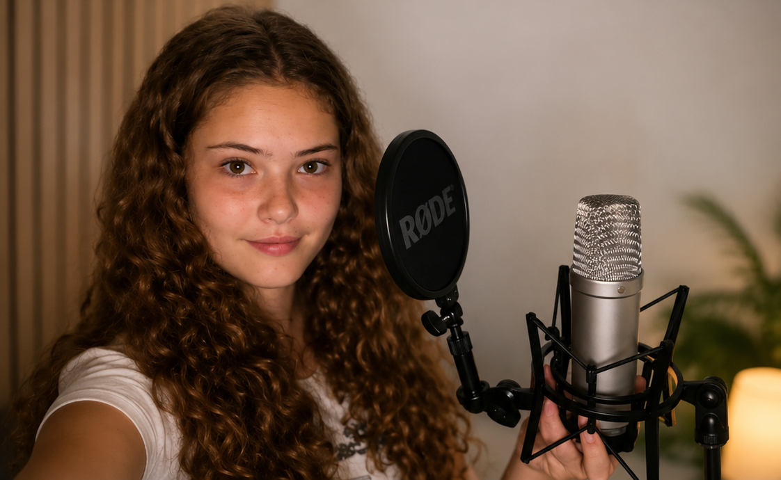 Young woman with curly hair taking a selfie with a microphone in the background.