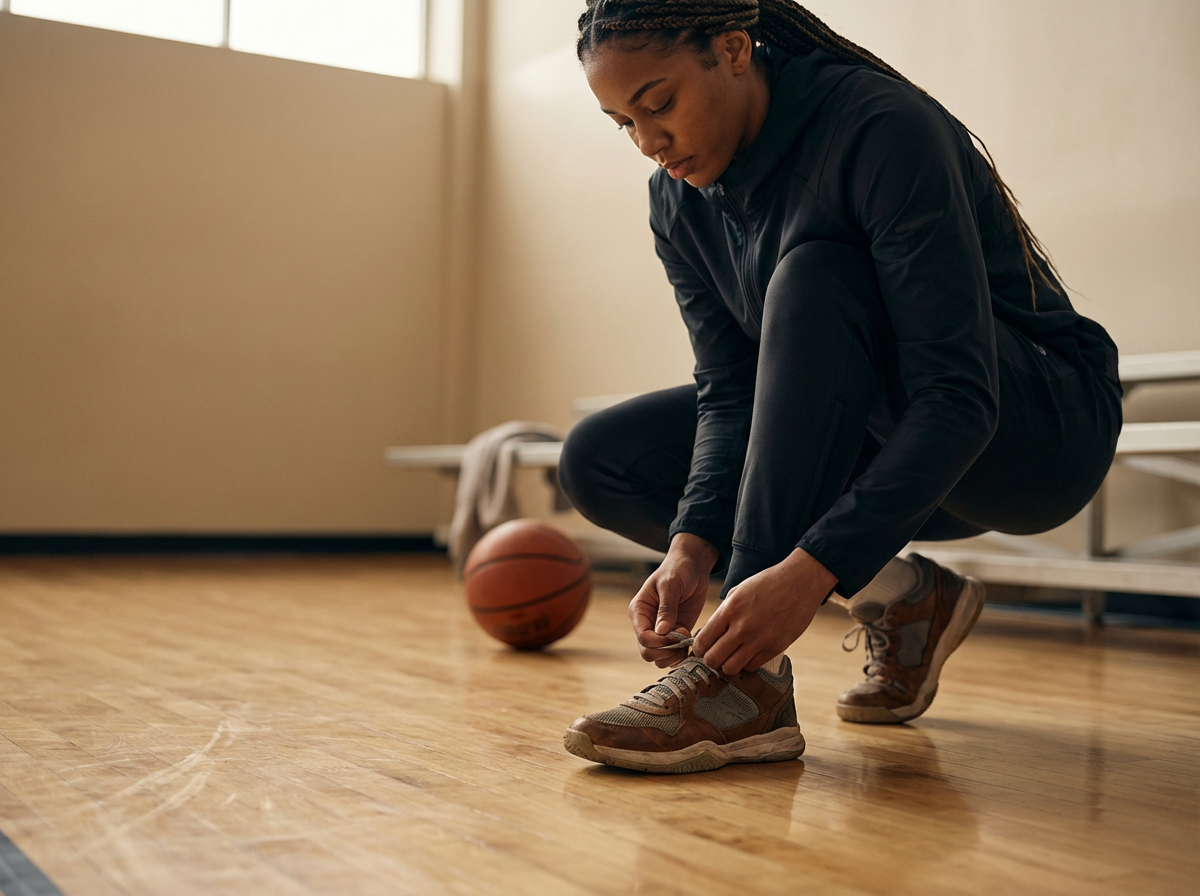 A young woman in athletic clothing crouches down as she ties her shoelaces on a wooden gym floor. A basketball rests nearby, and interior gym benches and windows are visible in the background.