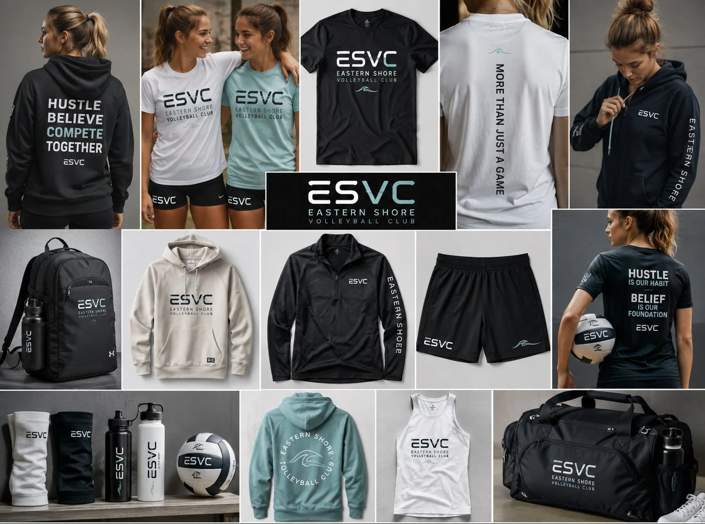 Collection of Eastern Shore Volleyball Club apparel and gear, including clothing (hoodies, T-shirts, jacket, shorts), bags, water bottles, a volleyball, and other volleyball accessories displayed in a collage format.