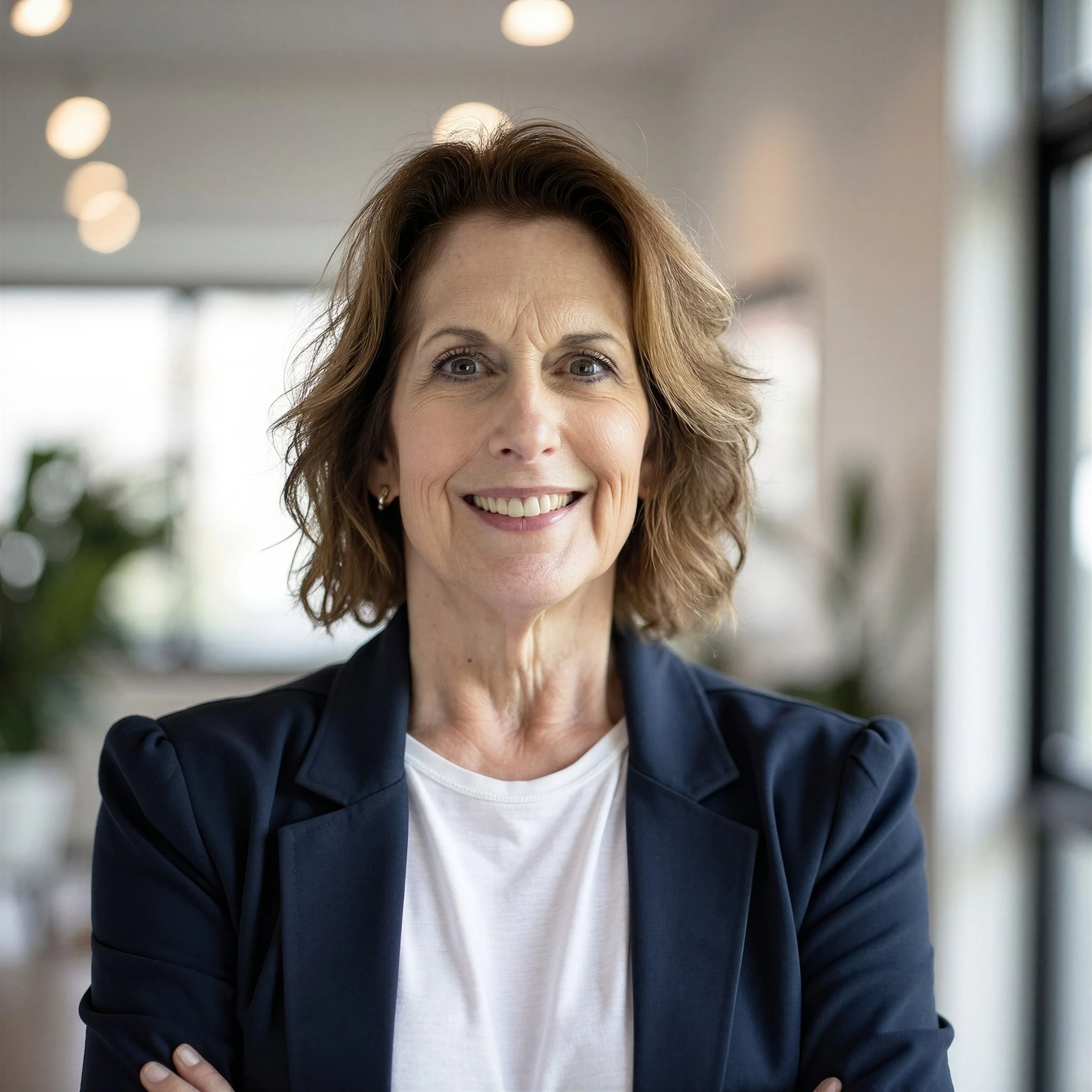 Close-up of a smiling middle-aged woman with light brown hair, wearing a black blazer and white shirt, in an indoor setting with bright lights and windows in the background.
