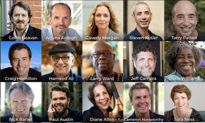 Portrait collage of Being & Doing summit speakers, including authors, researchers, artists, and meditation teachers.