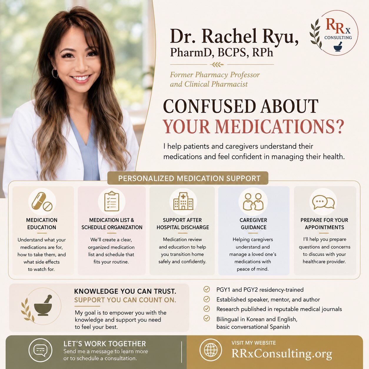 Confused about your medications, or helping a loved one manage theirs? 🤔

Hi everyone! 😊 I&rsquo;m Dr. Rachel Ryu, PharmD, BCPS, RPh, a former pharmacy professor, clinical pharmacist, and the founder of RRx Consulting. 

After years of working with