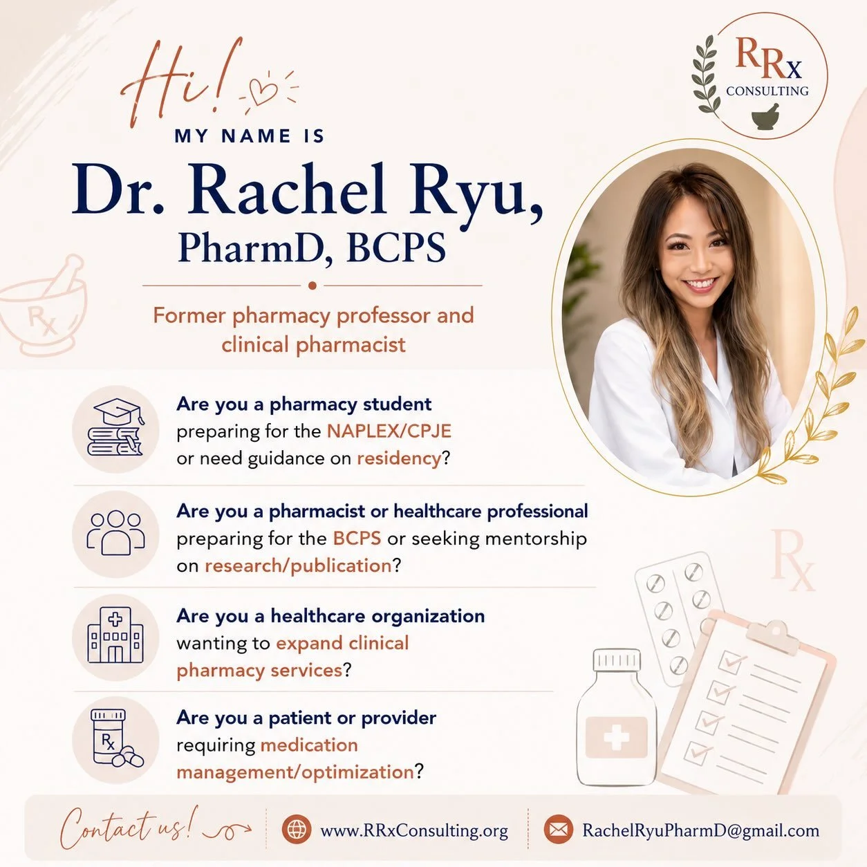 Hi, I&rsquo;m Dr. Rachel Ryu, PharmD, BCPS, RPh, and I&rsquo;m so glad you&rsquo;re here! 👋🏻 I&rsquo;m a pharmacist, previous pharmacy professor, educator, researcher, mentor, and lifelong advocate for better patient care. ✨ Throughout my career, I