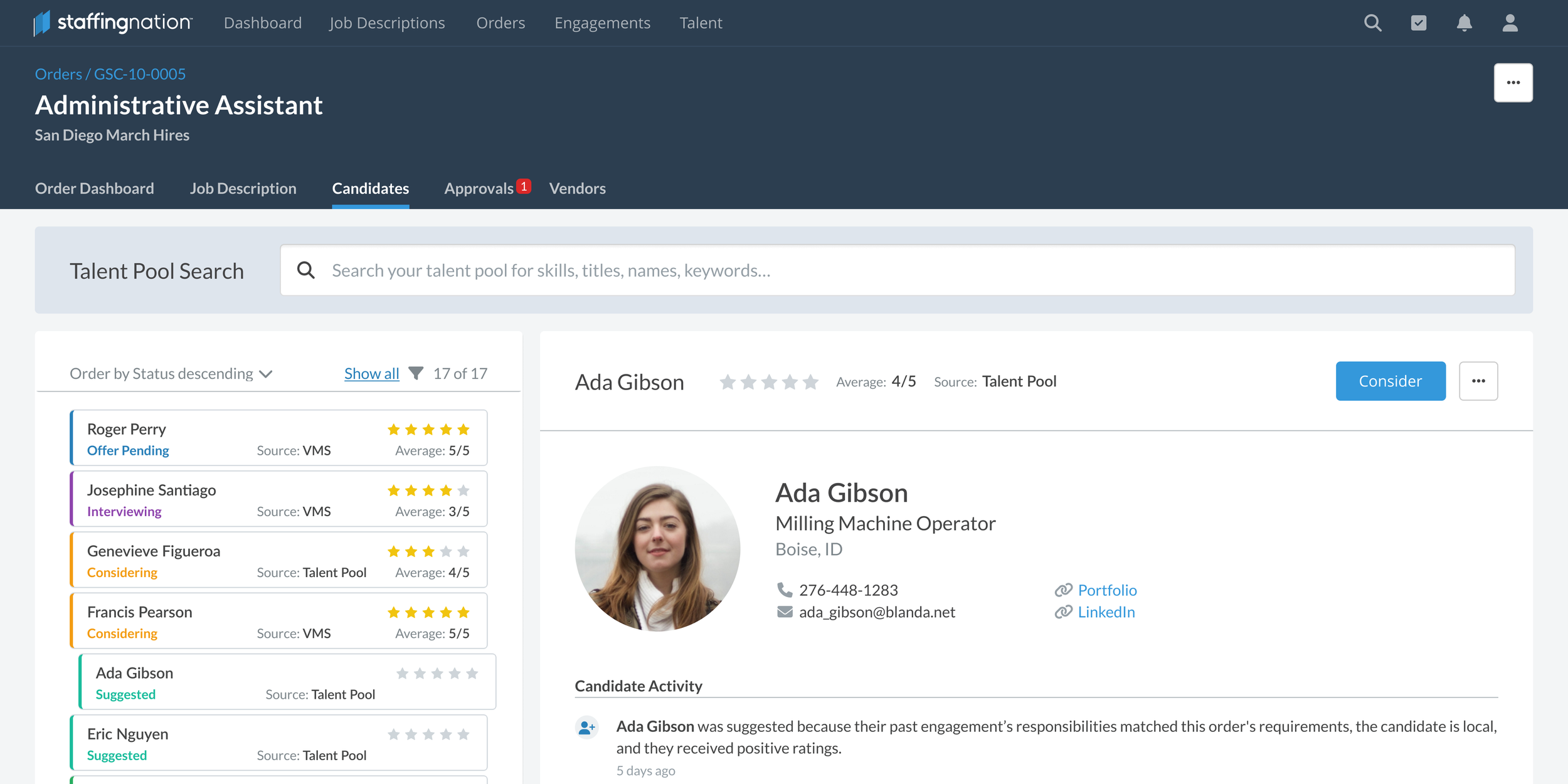 Screenshot of a staffing platform showing candidate profiles, including names, photos, roles, locations, ratings, and contact information, with navigation menu and tabs at the top.