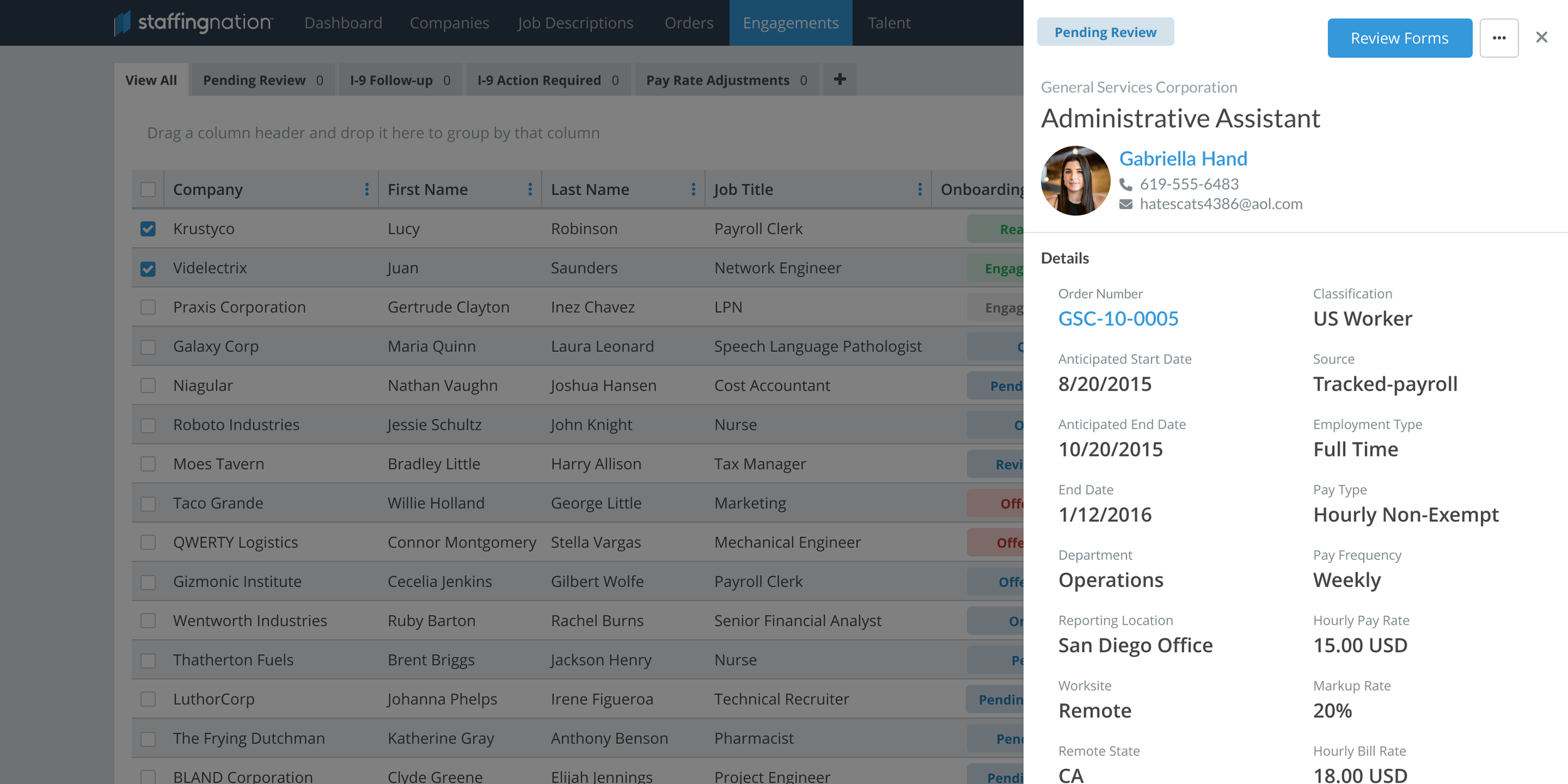A digital staffing platform showing a list of employees on the left, with a profile card of Gabriella Hand, an administrative assistant in the right panel, displaying her contact details and employment information, with a blue header labeled 'Pending Review'.