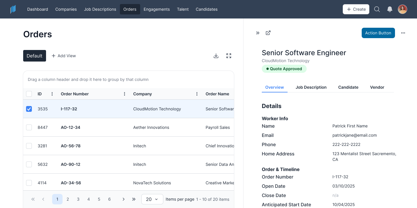 Screenshot of an online order management system showing a list of orders with details such as order number, company, and order name, with a selected order for a senior software engineer from CloudMotion Technology.
