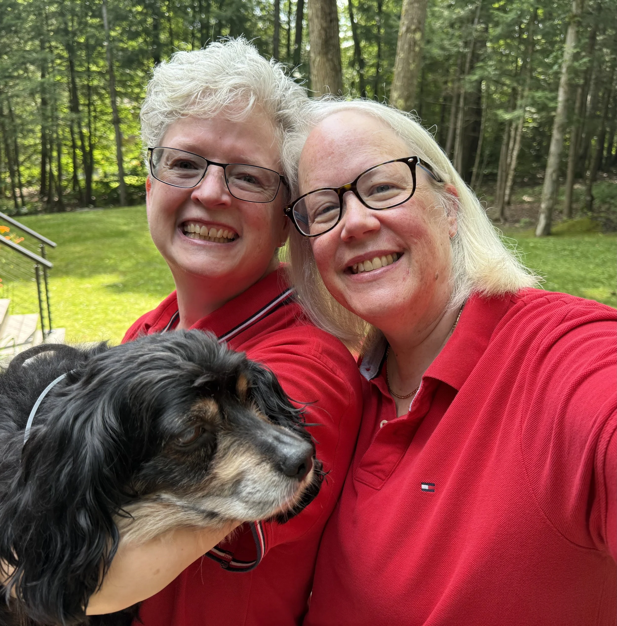 Jen and Janet at the cabin, with Max