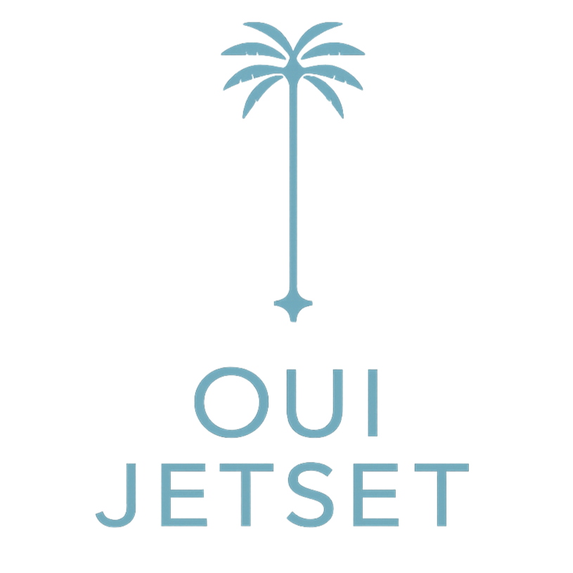A digital graphic design featuring a stylized palm tree above the text 'OUI JETSET' in a modern, neon-like font.