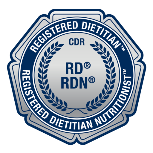 A badge with a blue and silver design that says "Registered Dietitian" and includes the certifications "RD" and "RDN" in the center, surrounded by laurel branches.