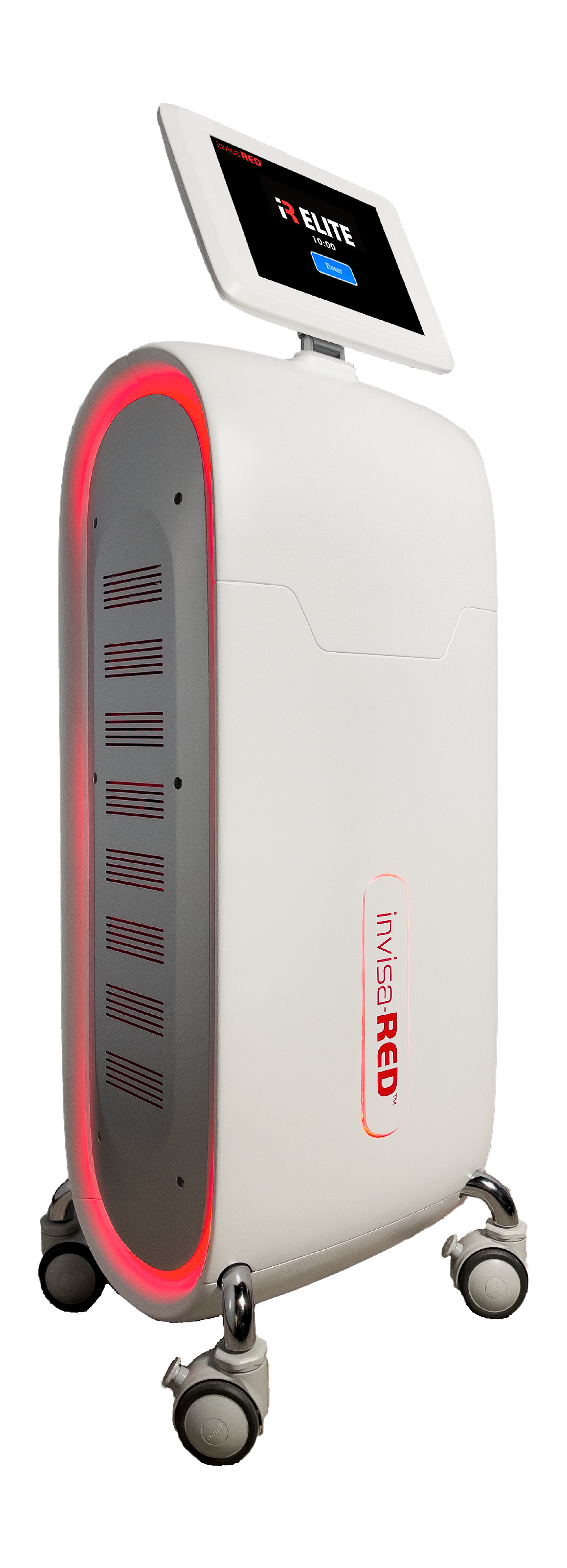A medical device called the Invisa RED laser machine with a monitor displaying 'i3 ELITE 10,000' and a blue button labeled 'Enter.' The device has a white body with red lighting accents and is on four caster wheels.