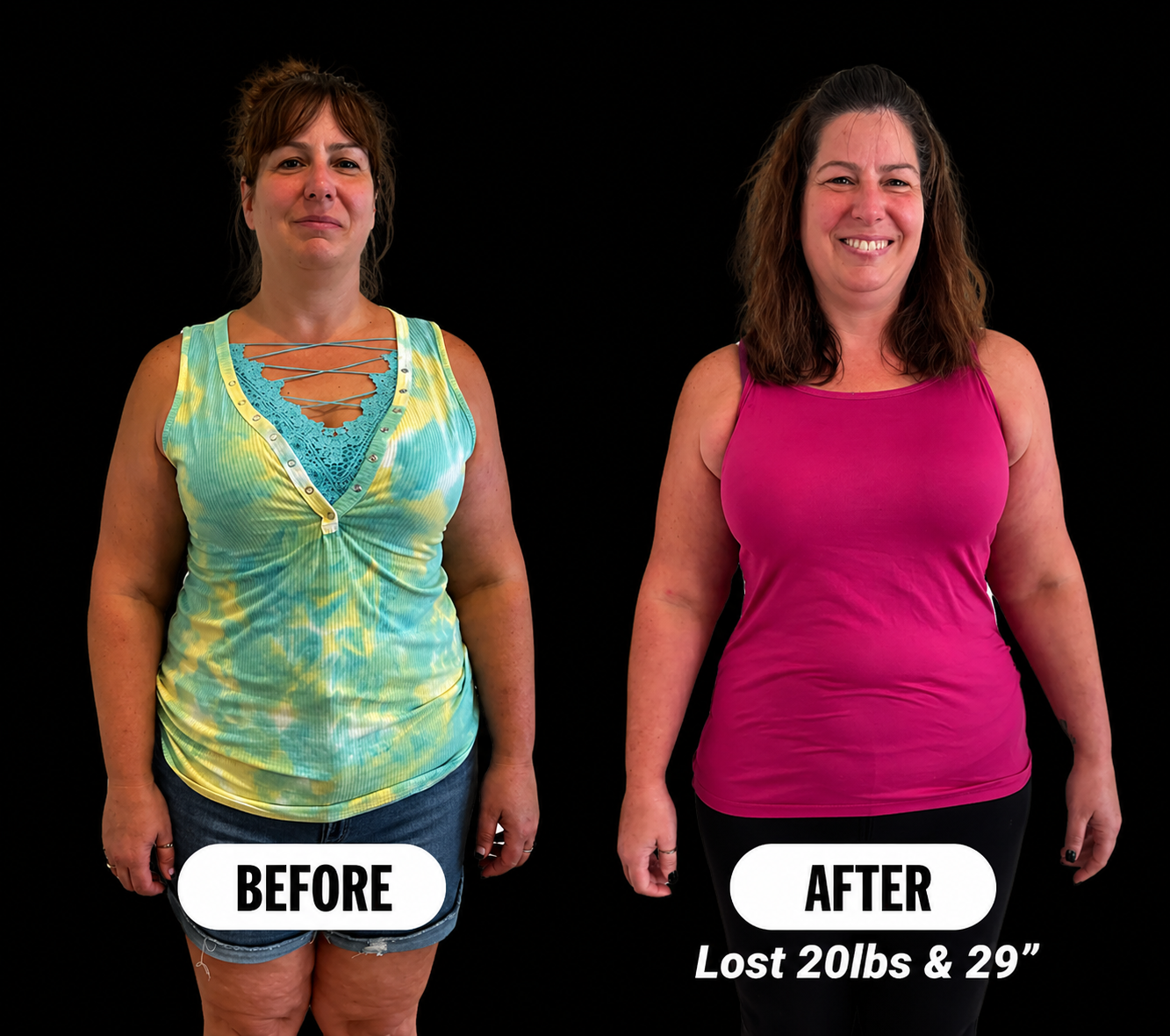 Side-by-side comparison photo of a woman before and after weight loss. The woman on the left, labeled 'BEFORE', has shorter, slightly curly hair, and is wearing a sleeveless yellow and turquoise tie-dye top with a lace detail and dark shorts. The wom